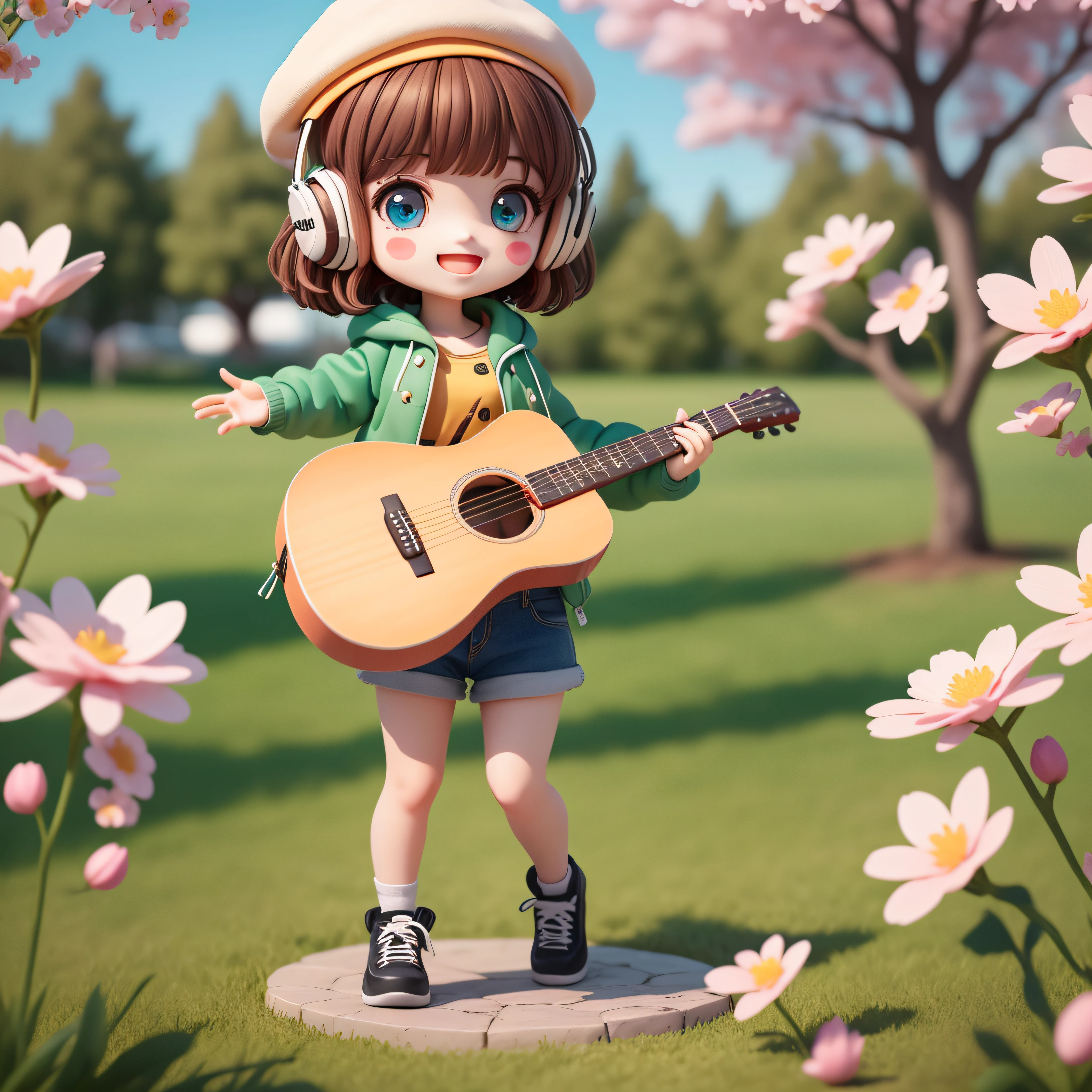 (masterpiece),(best quality),(ultra-detailed), (full body:1.2),
1girl,chibi,cute, smile, open mouth,
flower, outdoors, playing guitar, music, beret, holding guitar, jacket, blush, tree, :3, shirt, short hair, cherry blossoms, green headwear, blurry, brown hair, blush stickers, long sleeves, bangs, headphones, black hair, pink flower,
(beautiful detailed face), (beautiful detailed eyes),