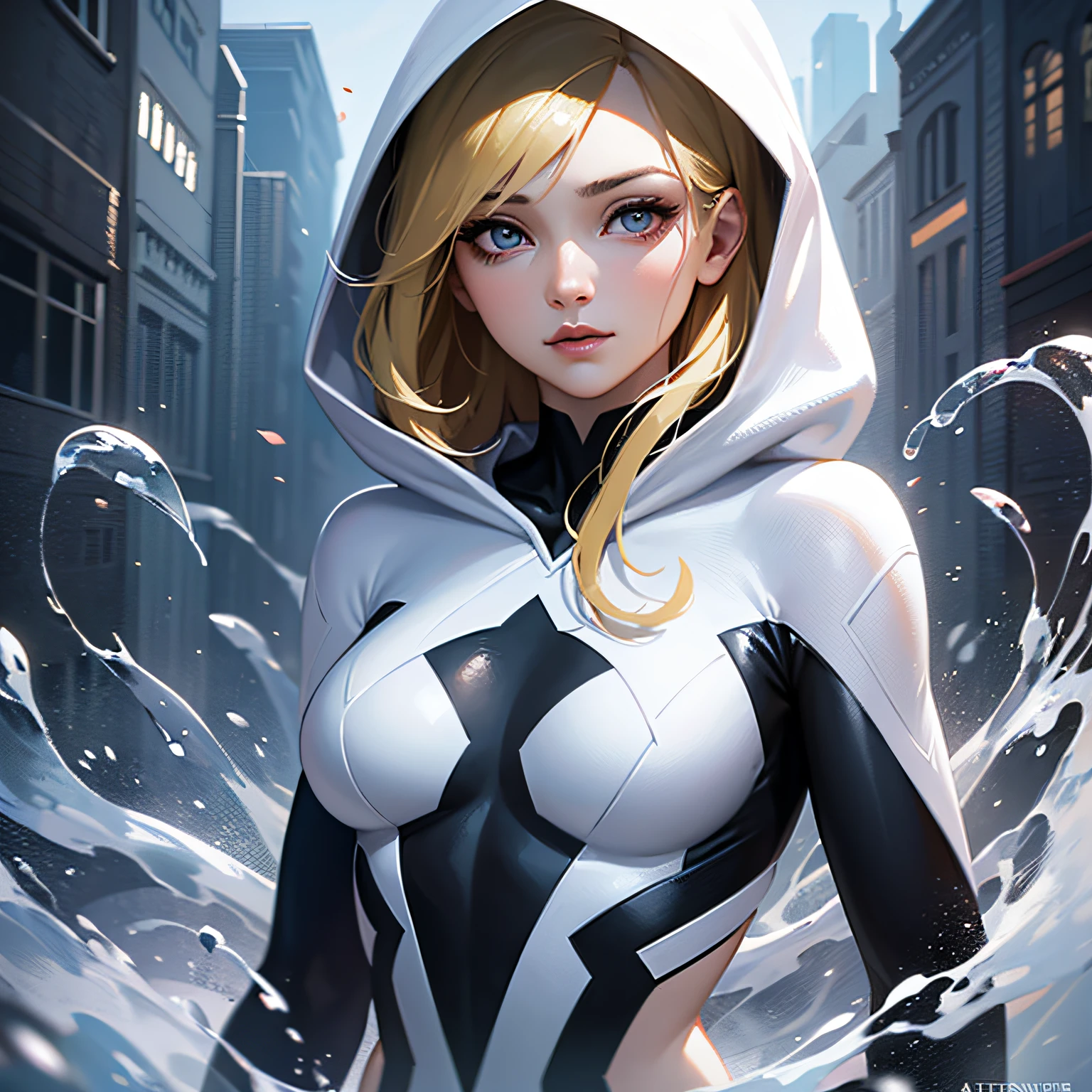 8k portrait of beautiful spider-gwen, blonde hair, water, wearing spider gwen costume, (wearing hood:1.1), long hair, intricate, highly detailed, digital photography, art by artgerm and ruan jia and greg rutkowski surreal, (masterpiece, sidelighting, finely detailed beautiful eyes: 1.2), hdr, bloe colorful eyes,
