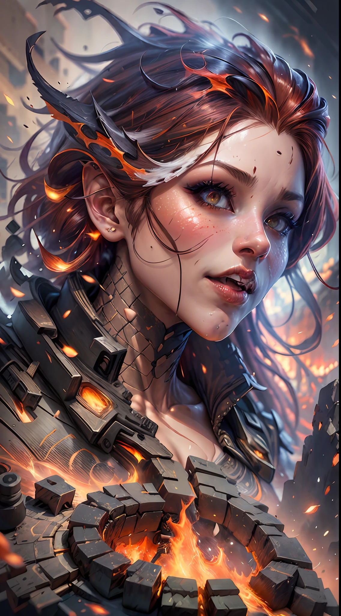 a half-body portrait of a dragon woman, made of fire, scales, on a volcano with snow, long reddish hair, on fire, (masterpiece face), natural body posture, snow, Art by Alberto Seveso, by Carne Griffiths, by Wadim Kashin, by jean baptiste monk, symmetrical, abstract art style, complex and intricate watercolor painting, sharp eyes,  digital painting, explosion of colors, concept art, volumetric lighting, TanvirTamim, metallic reflections, 2d rendering, 8k. by artgerm, trend in artstation