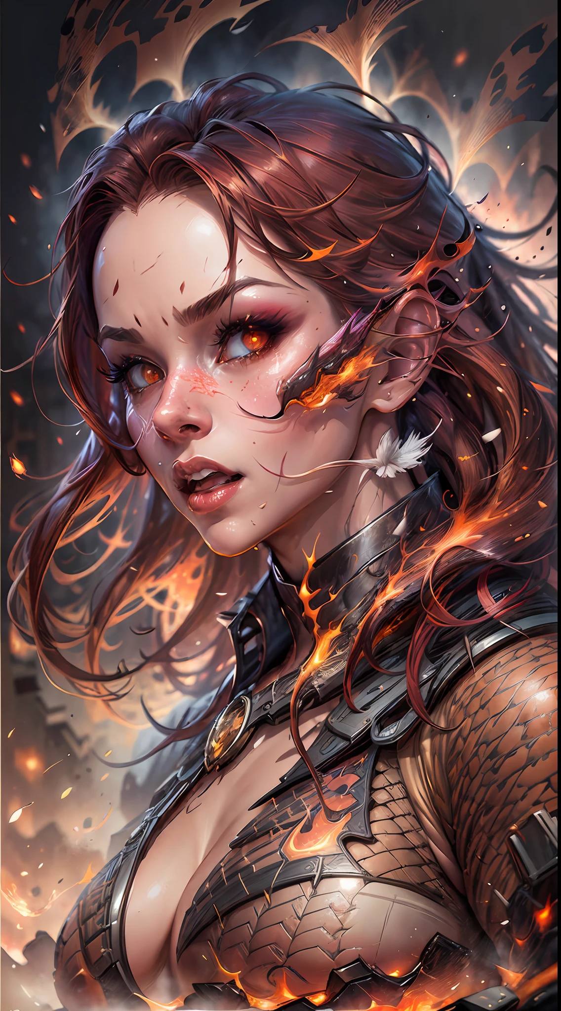 a half-body portrait of a dragon woman, made of fire, scales, on a volcano with snow, long reddish hair, on fire, (masterpiece face), natural body posture, snow, Art by Alberto Seveso, by Carne Griffiths, by Wadim Kashin, by jean baptiste monk, symmetrical, abstract art style, complex and intricate watercolor painting, sharp eyes,  digital painting, explosion of colors, concept art, volumetric lighting, TanvirTamim, metallic reflections, 2d rendering, 8k. by artgerm, trend in artstation