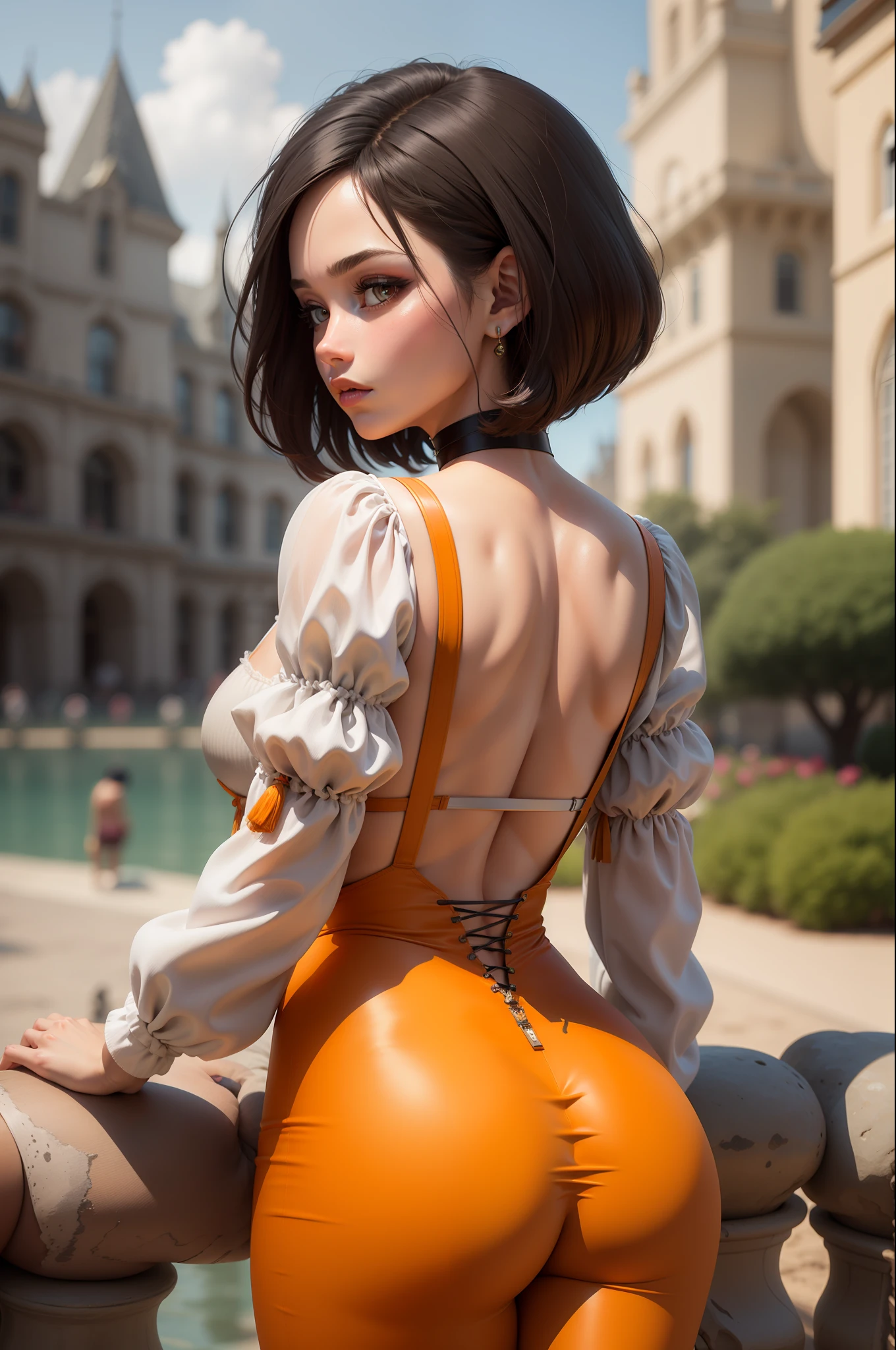 masterpiece, best quality,3d rending work ,3DMM style,close-up, 3D,1girl, solo, black hair, realistic, upper body, fantasy castle background, parted lips, choker, makeup, (medium perky breasts) realistic natural breasts, cleavage, garnet, ffix, skin tight orange pants, orange suspenders, white shirt with frills, short black hair, egyptian bob haircut, view from behind, perfect ass, plump ass, cameltoe