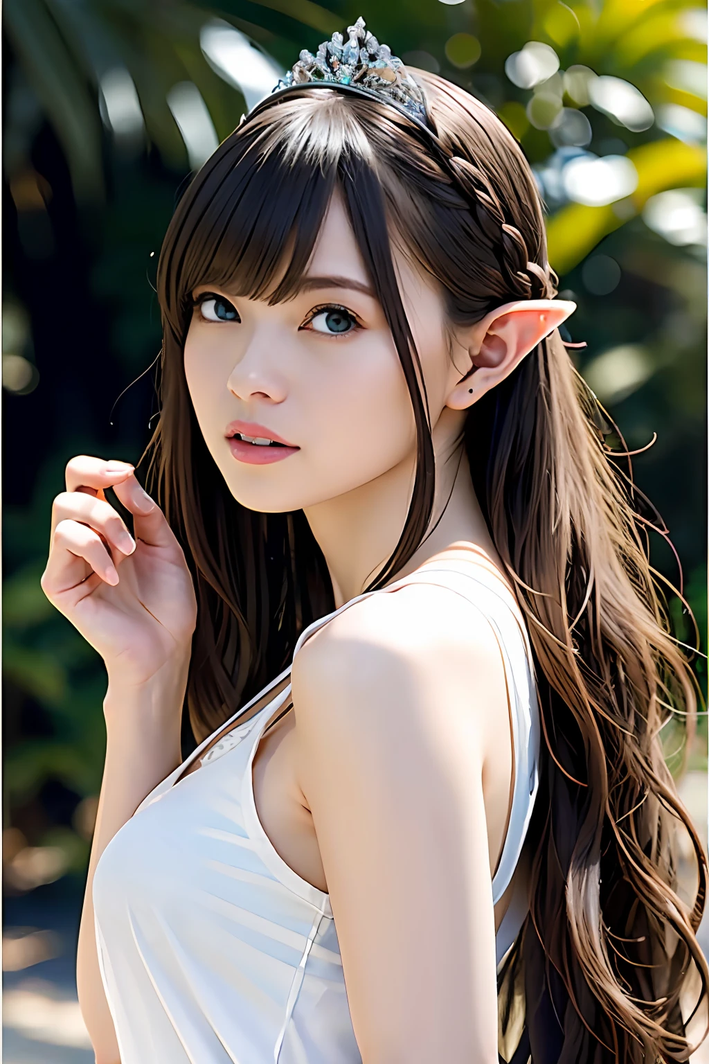 Ultra-detailed complex 3D rendering of the face, (Colossal: 8.8), (masterpiece, top quality, octane rendering, 8K), glamour shot full body image, very beautiful young elf, cleavage, (very detailed skin: 1.2), (exposure: 1.1), (blonde elf)))), (wearing a plummeted tank top shirt of white silk: 1.5)), , Beautiful Caucasian woman with big buttocks full soft breasts and white skin, one, long braided hair, big breasts, dynamic angle, mystical expression, ultra-realistic photos, (((((portrait)))), bare feet, futuristic urban background, facial muscles, detailed and beautiful queen tiara, in the style of Marvel Comics, ArtStation trends, clear focus, studio photography, intricate detail, highly detailed, detailed yellow eyes, sharp focus, digital rendering, professional, abs, shot with Canon EOS R 6, natural jungle, open mouth lightly (sexy pose))),