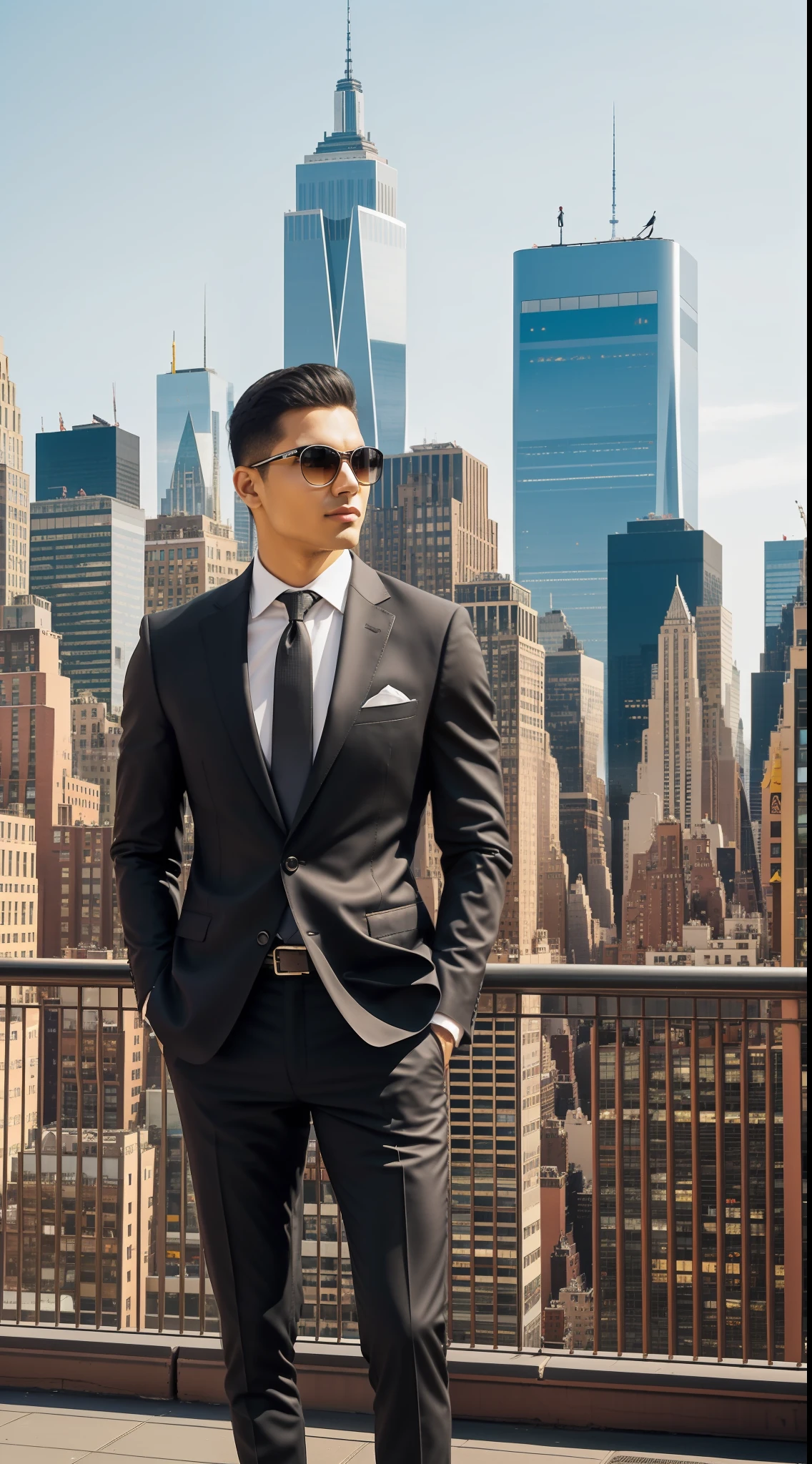 A bustling metropolis with an energetic vibe, New York City embodies a bold and urban look. This city stands out in a sleek, monochrome outfit, with a tailored blazer, slim-fit trousers, and stylish leather boots. In its pose, New York exudes confidence, standing tall against the backdrop of towering skyscrapers and yellow taxis.