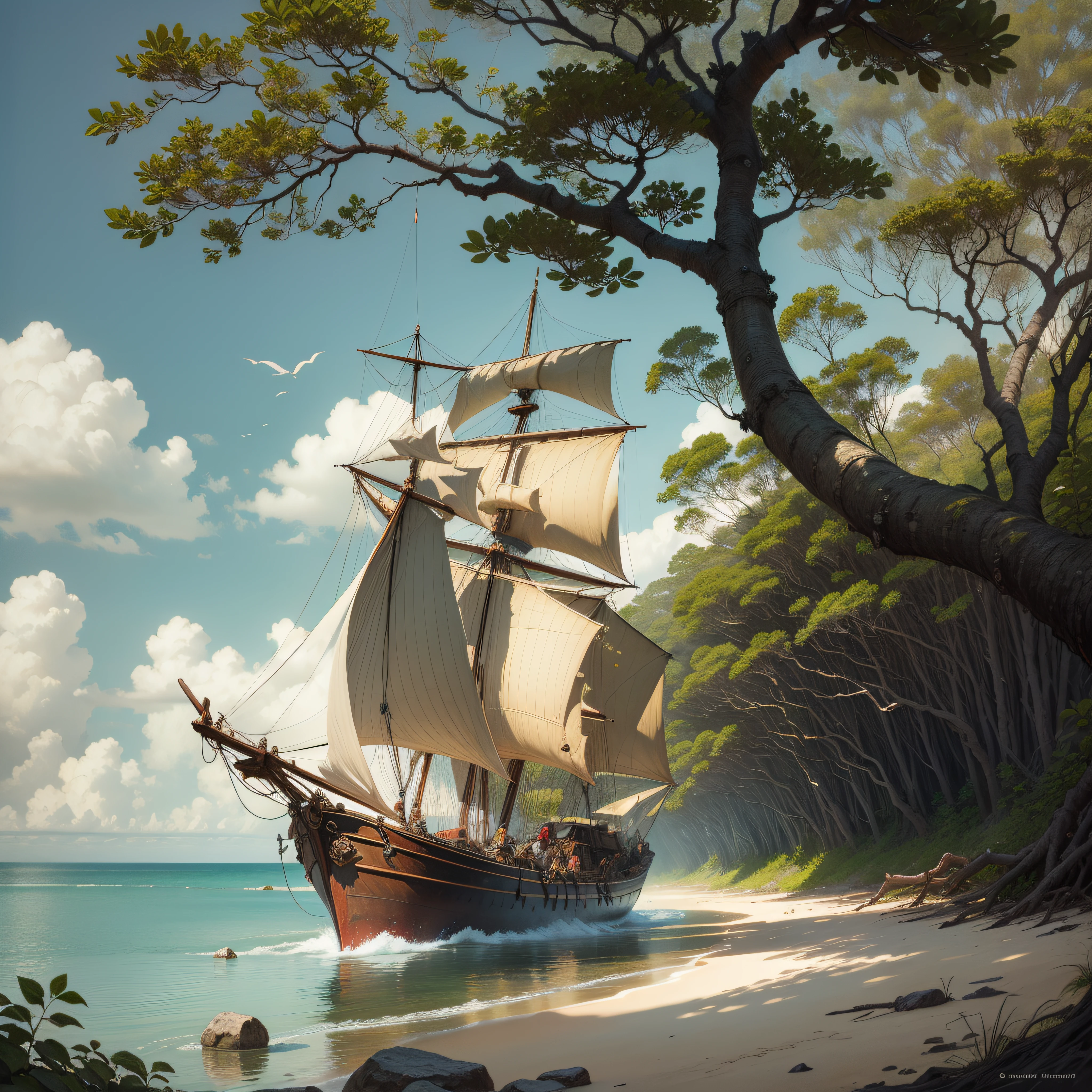 (full-colour illustration, masterpiece, best quality, ultra-detailed), a pirate ship anchored off a mangrove coast, Africa, by Frank Schoonover, by N. C. Wyeth