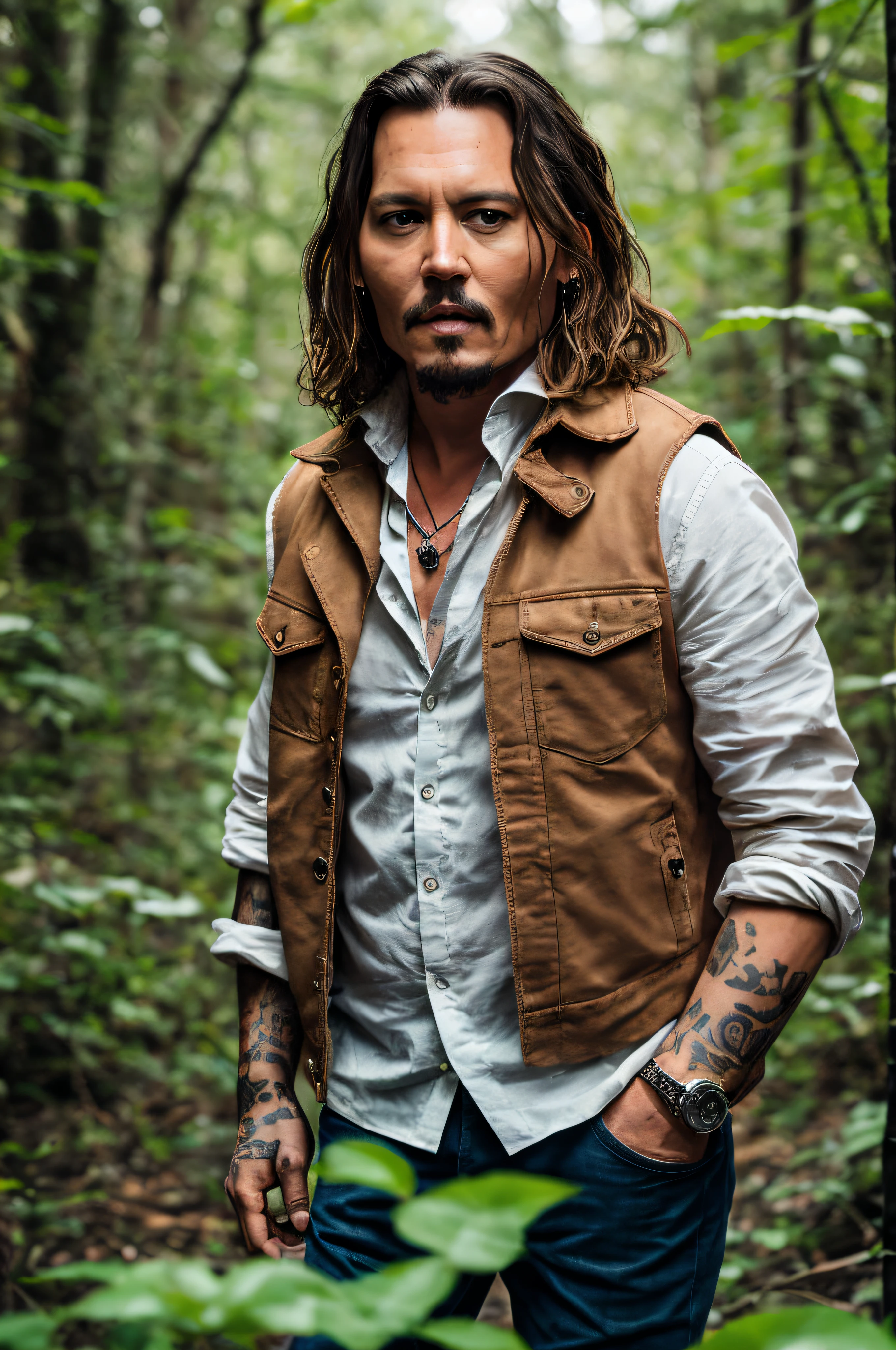 masterpiece, johnny depp walking through the jungle (night among fireflies), (high detail:1 1), rough face, natural skin, high quality, nsfw, beautiful eyes, (detailed face and eyes), (face: 1 2), noise, extra, real photo, PSD, lamp film photography, sharp focus, contrast lighting, detailed skin, high resolution 8k, crazy detail, realistic, professional photography, 8k UHD, SLR camera, soft lighting, high quality, film grain, Fujifilm XT3