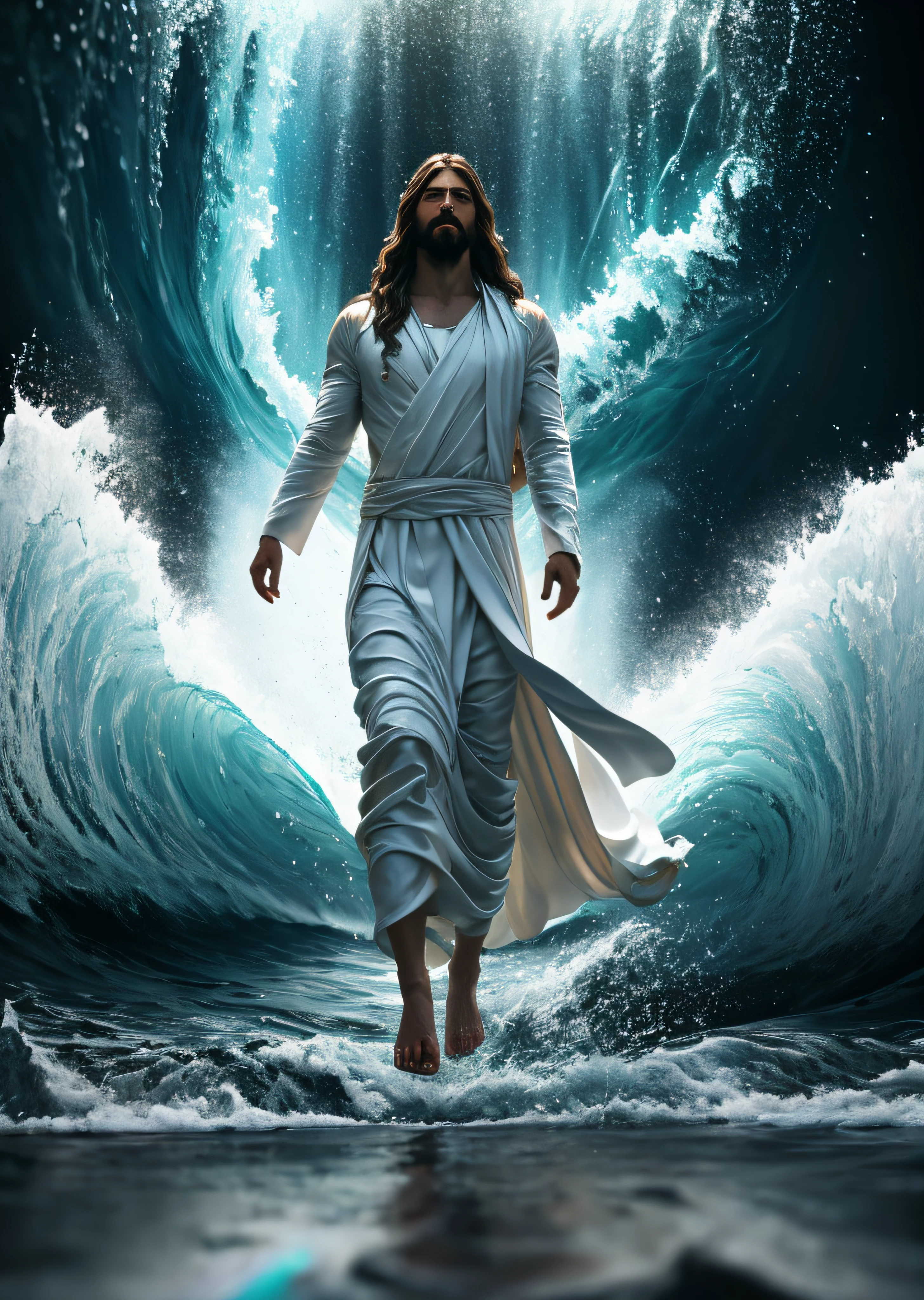 jesus walking on water in a storm, masterpiece, best quality, high quality, extremely detailed CG unit 8k wallpaper, award winning photography, Bokeh, Depth of Field, HDR, bloom, Chromatic aberration, photorealistic, extremely detailed, trending on artstation, trending on CGsociety, intricate, high detail, dramatic, mid-journey art, volumetric lighting