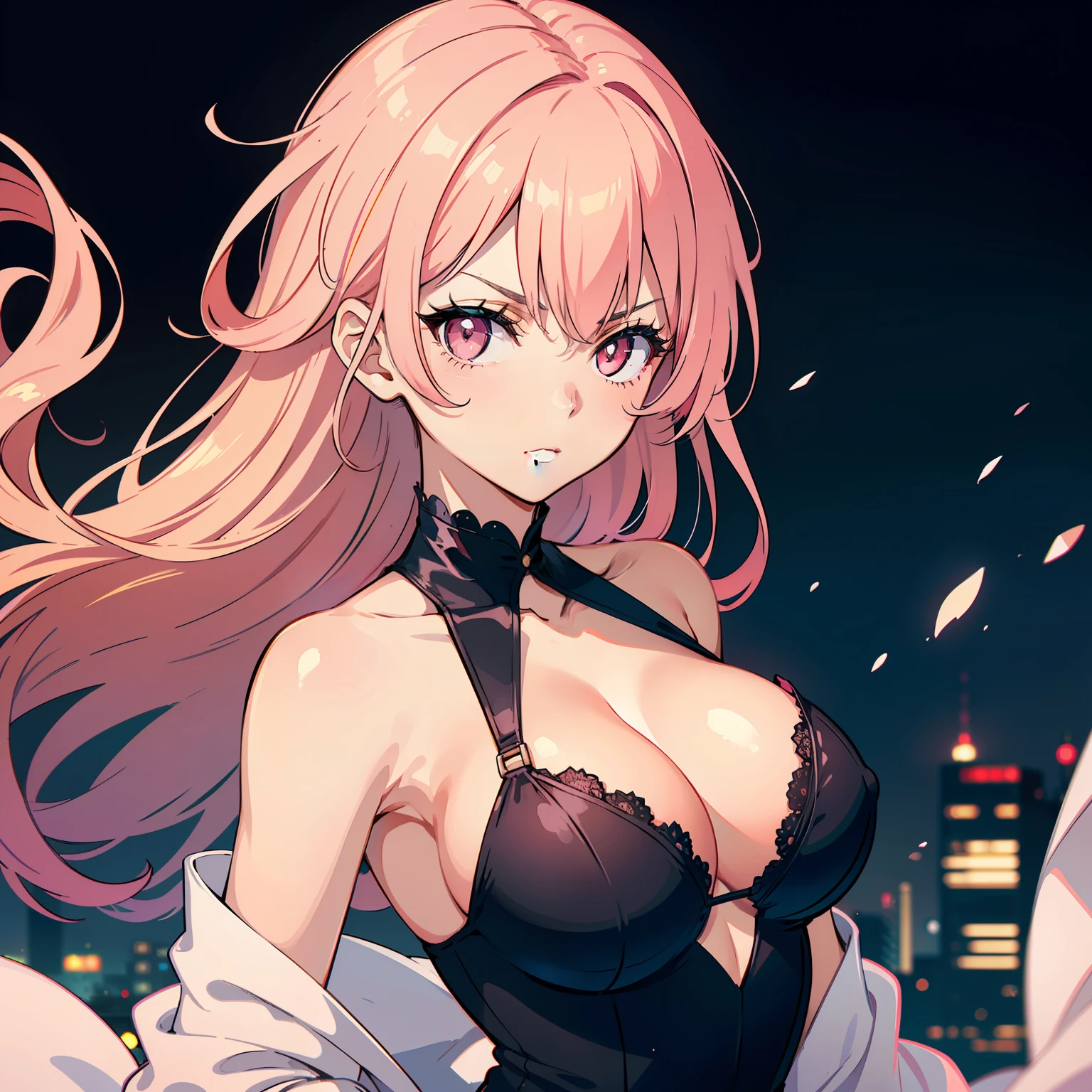 (masterpiece, best quality), ((1girl, (mature)), ((hair fulfilled)) (confident look) (serious gauze) (salmon pink hair, hair fulfilled), (pink eyes, beautiful eyes, sharp eyes, brave face)), (simpler background, dark background, city background), (highres, Chromatic aberration), black dress with neckline, gala dress, big breasts, (big hair), Serious and confident look, ((confident look)) (brave, cold, brave) (big breasts)