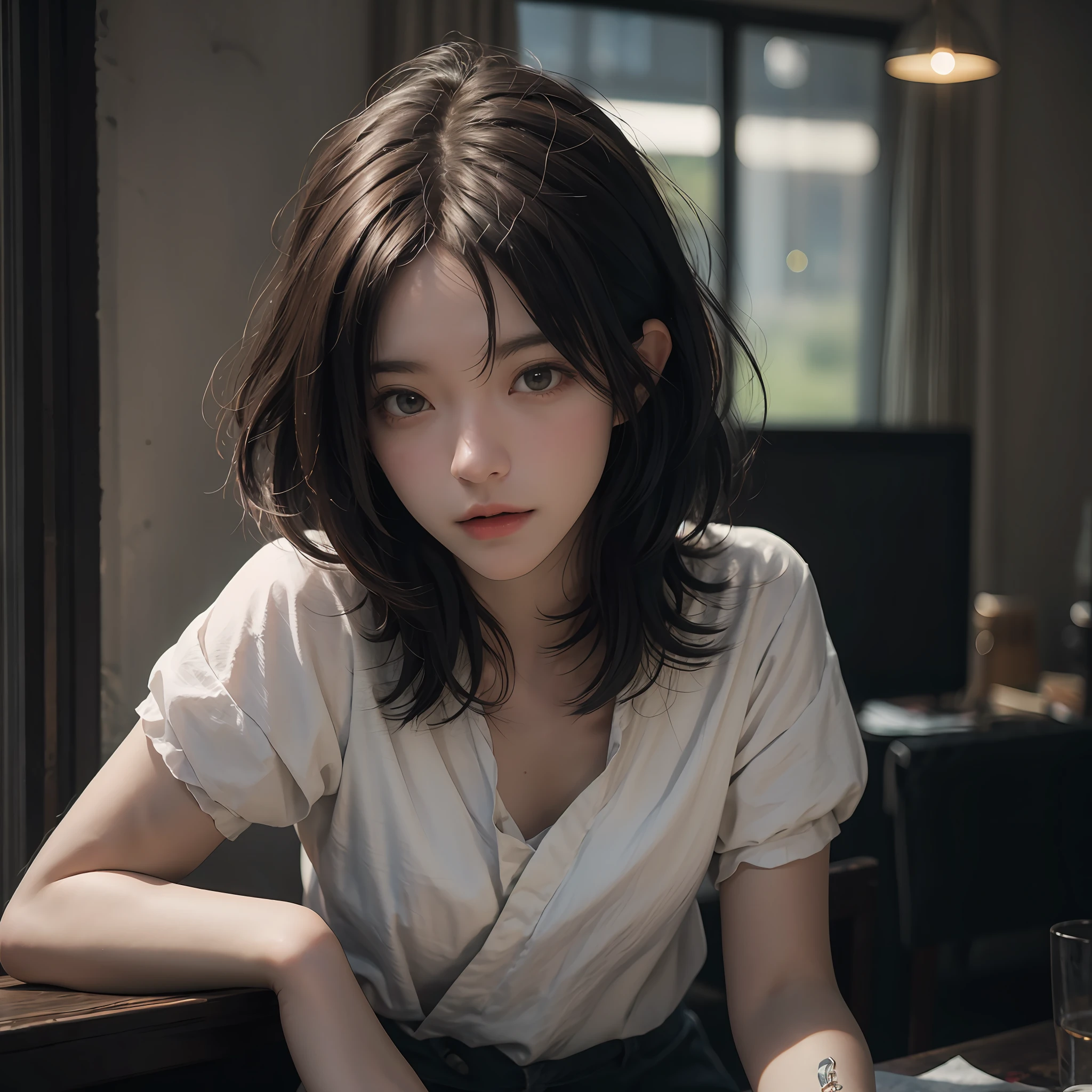 (RAW photos, top quality), (realistic, photorealistic: 1.3), highest quality, high definition, masterpiece, super detail, illustration, 1girl, upper_body, dynamic angle, world masterpiece theater, messy_long_hair, top quality, highly detailed CG Unity 8k wallpaper, ink, stunning, cinematic lighting, lens_flare, dunhuang_ style, ((short hair)), nice hairstyle