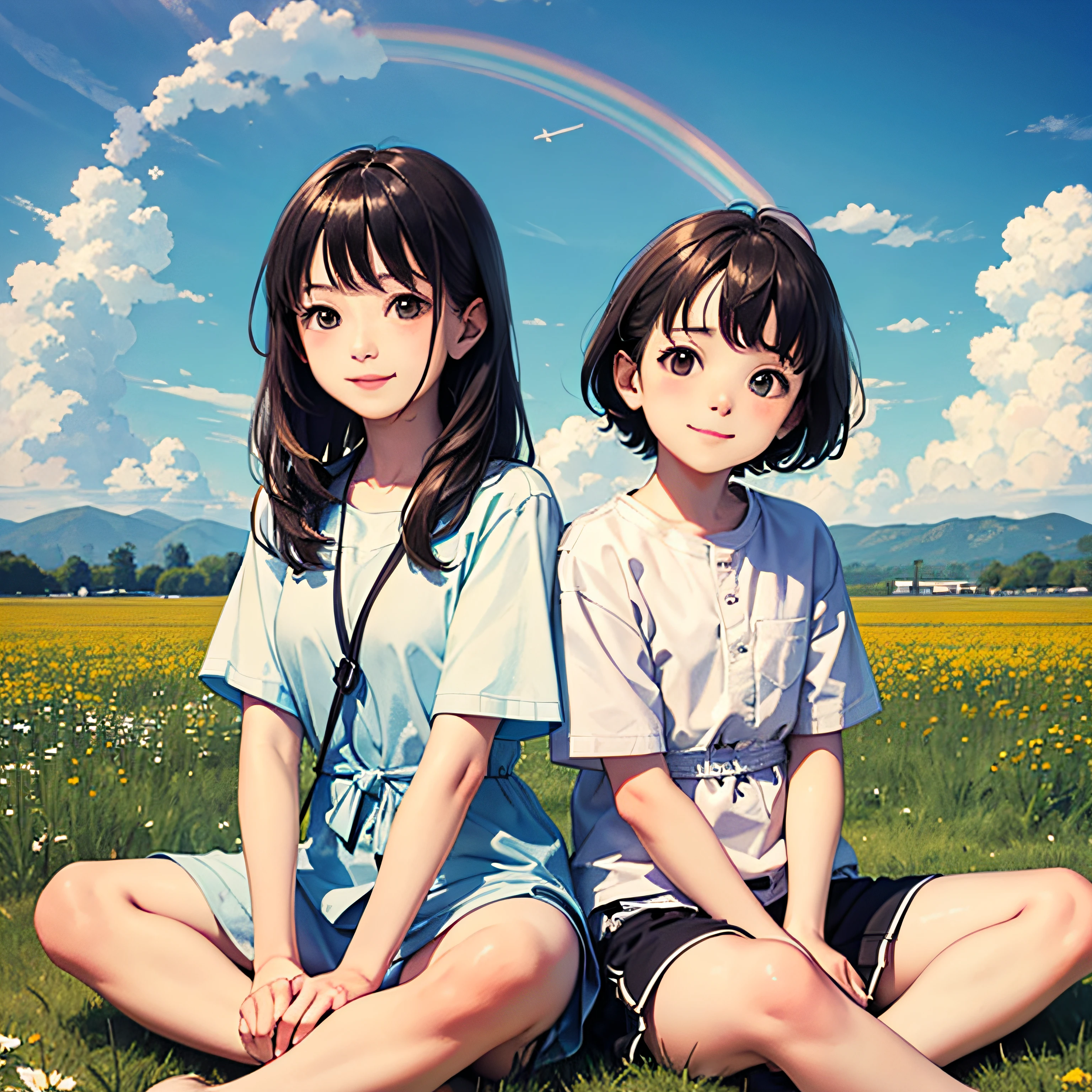 (Masterpiece, best quality) Two children sitting in a hot air balloon flying in the sky, smiling, fine facial features, sun, clean blue sky and white clouds, rainbow, meadow, summer -V6 --auto