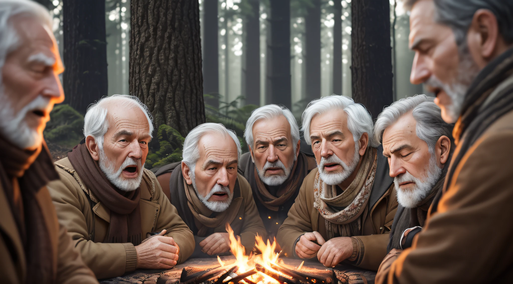 Award-winning portrait photo of (five) British men expression of anger(screaming), scarf, (eyes closed) sitting around a campfire(reflecting) wrinkles, blind Englishmen, multiple faces, 8K artistic portrait, symmetrical faces, (bokeh: 0.5), side lighting, (face wrinkled in detail: 0.9), telephoto, forest, realistic, stove intricate details, true texture of aged skin. --auto --s2