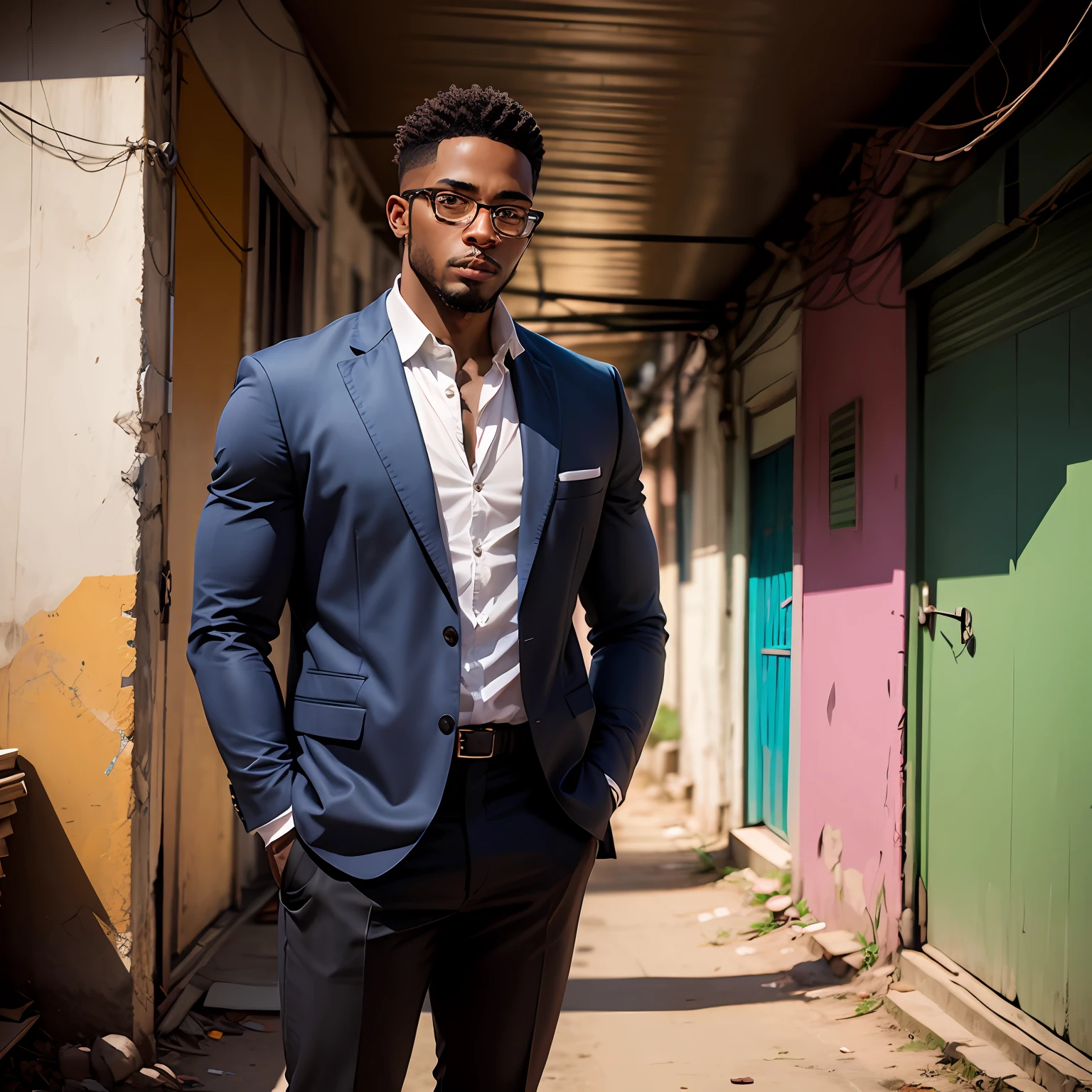 black man, tall, bespectacled, well dressed in the favela, only with one ear --auto