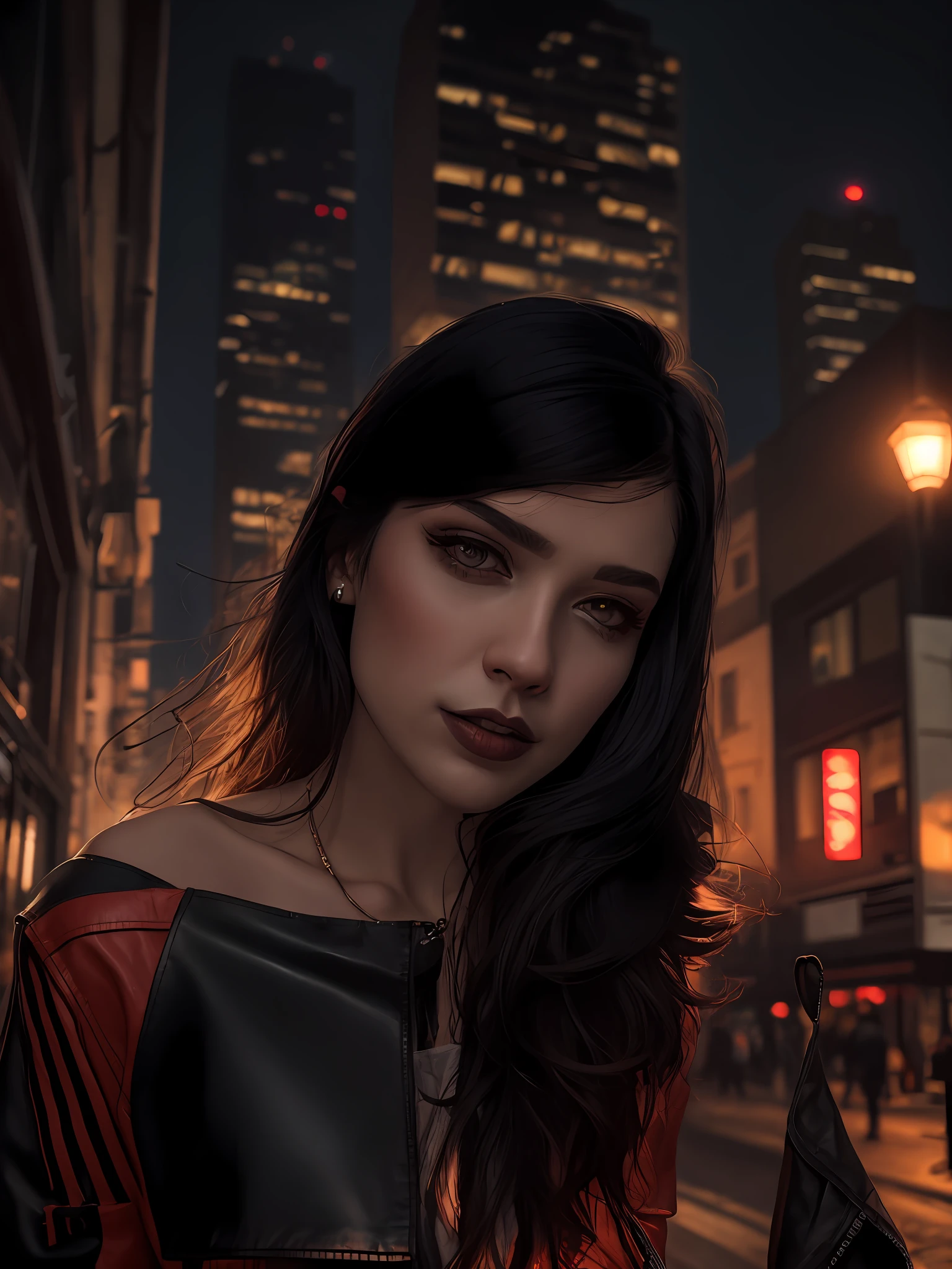 Thin, (Best Illustration), 8k Resolution, Intricate Details, Best Quality, Realistic, Ultra Detailed, Best Lighting, Best Shadows, Ultra HD, A Gothic Woman, Night, Magic, Dark Style, Iris Eyes Black Color, (Cyberpunk), Masterpiece, Wearing Black Tank Top Inside, Bright Red Long Sleeve Leather Jacket Outside, Bluish Black Hair Color, Long Hair, Dark Streets in Background, Night,  dark atmosphere, depth of field, detailed face