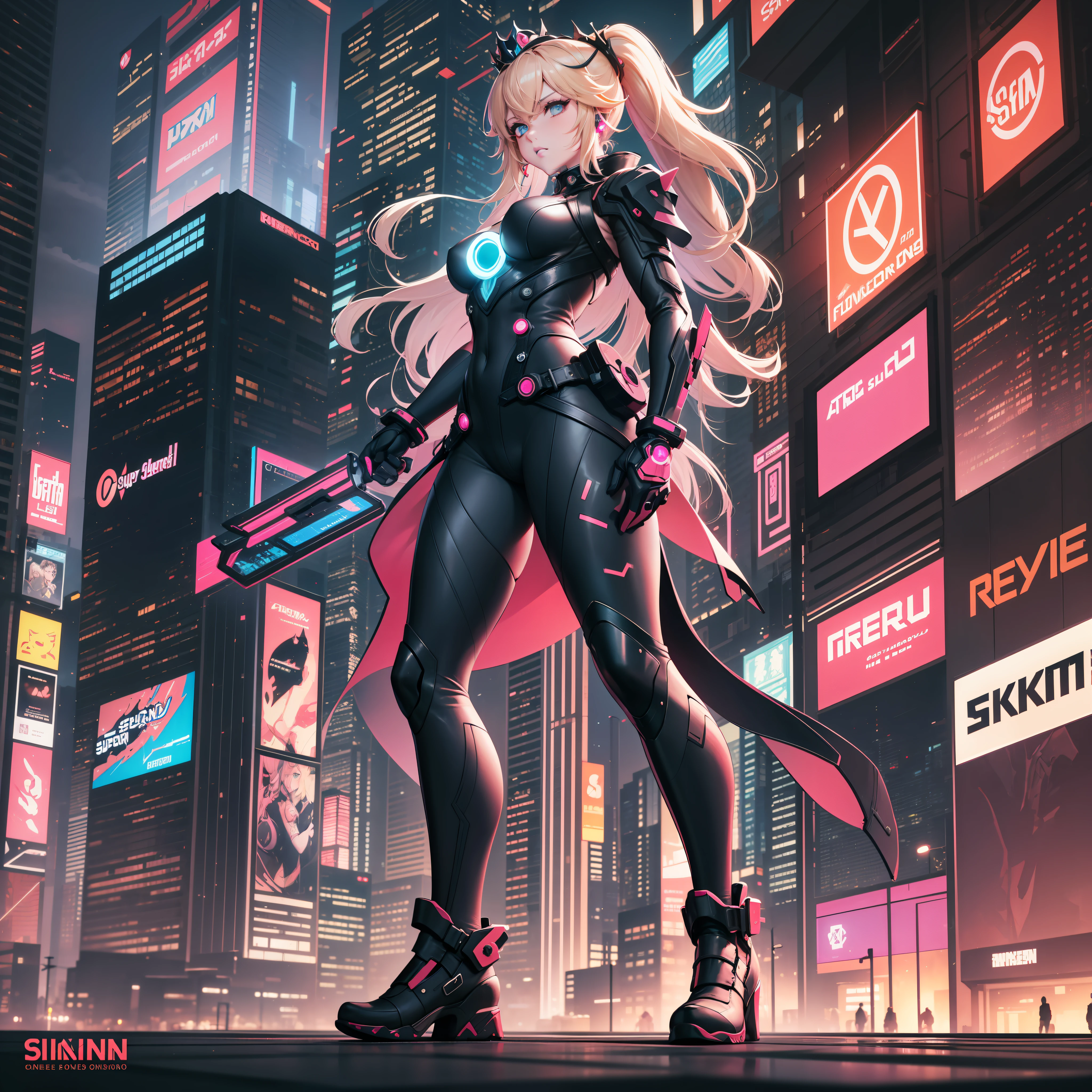 "Type of Image: Fan Art
Subject: Princess Peach from the Super Mario series, reinvented in a cyberpunk style. Peach is shown in an upgraded, futuristic version of her iconic pink dress, which has been reimagined with elements of high-tech armor, neon highlights, and integrated technology. Her crown is transformed into a high-tech gadget with holographic capabilities. She is set against a backdrop of a dense, futuristic city at night, filled with neon lights, towering skyscrapers, and flying vehicles.
Art Styles: Cyberpunk, Futuristic
Art Inspirations: Yoji Shinkawa, Josan Gonzalez."