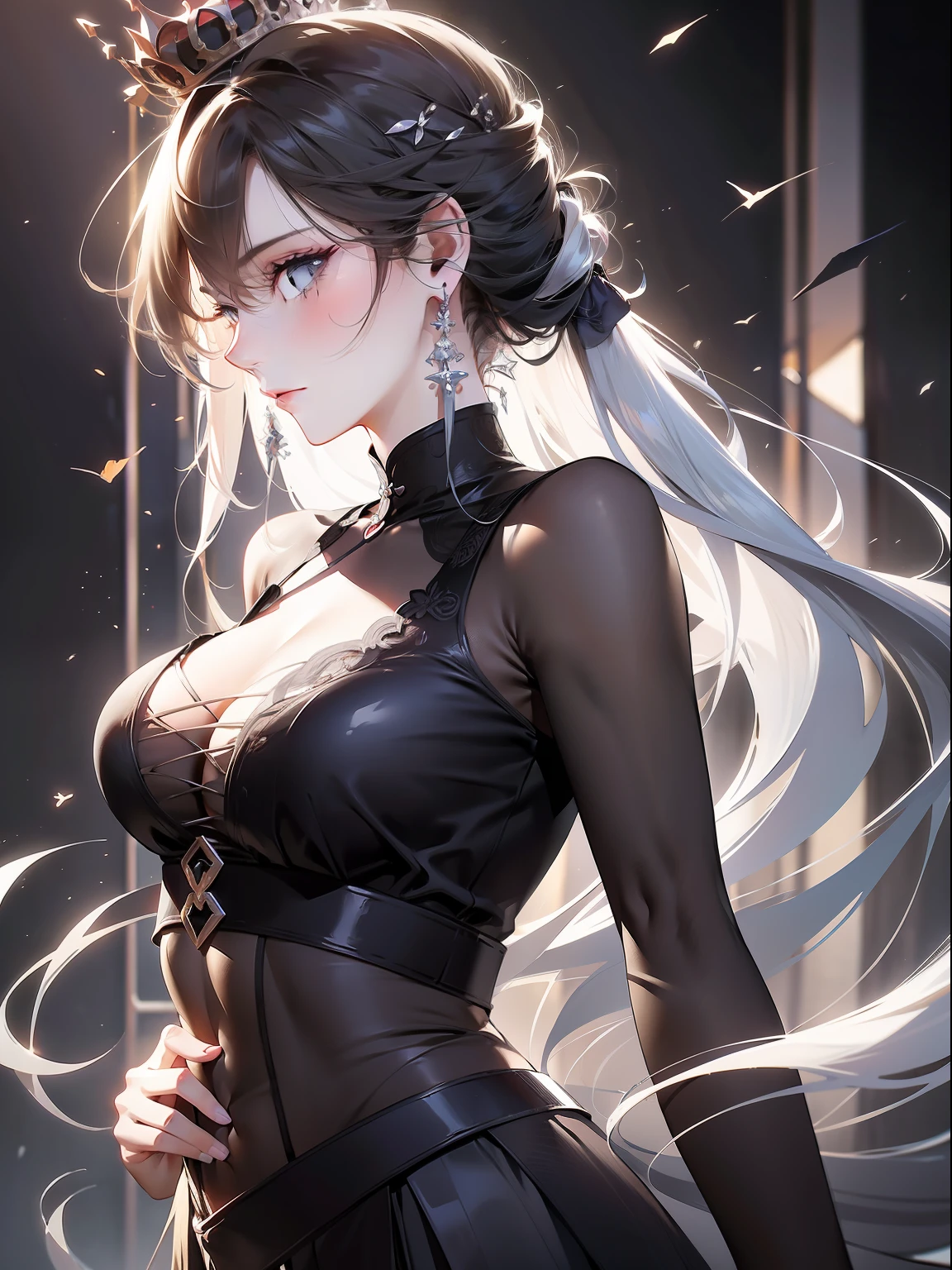 {profile picture}, {an extremely delicate and beautiful girl}, cg 8k wallpaper, masterpiece, cold expression, handsome, medium breastsupper body, looking at viewer, fashion skirt, cute t-shirt, rainbow hair, greyish eyes, beautiful detailed eyes {{a black cross hairpin}}, handsome,Hair glows,dramatic angle,diamond crown,earrings,