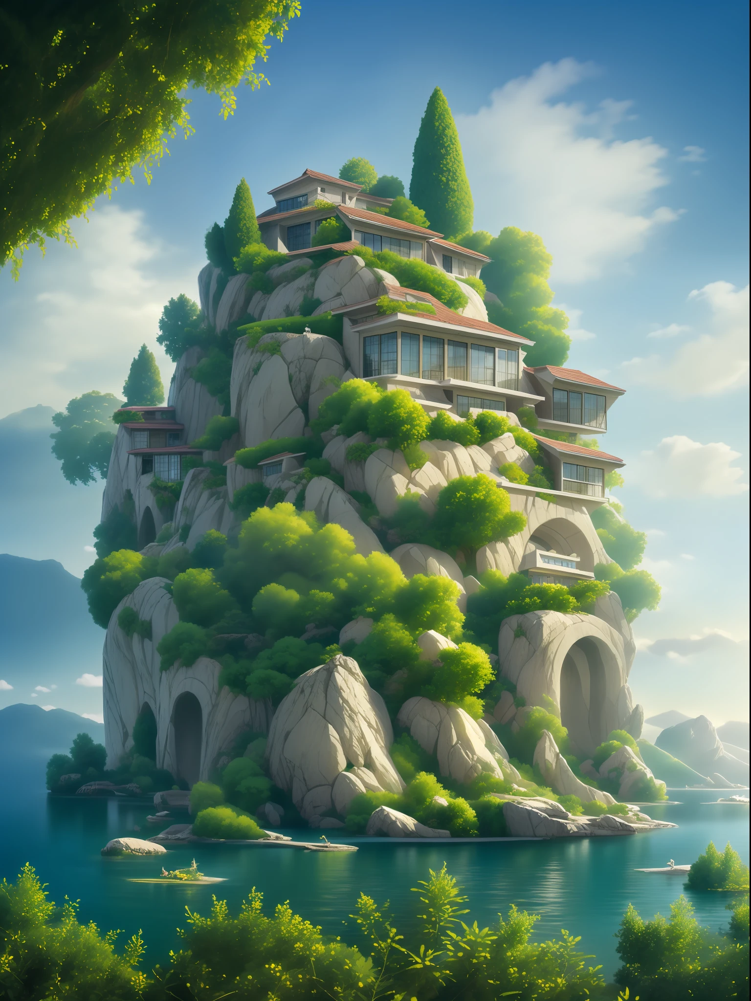 A design of a small fancy old house, center, nature meets architecture, built around the blue ocean, organic architecture, very close to real nature, breathtaking render, lots of sky, island with cave, stunning architecture, ancient architecture, render realistic fantasy, epic and stunning, architectural visualization, epic architecture, conceptual art. 8 thousand