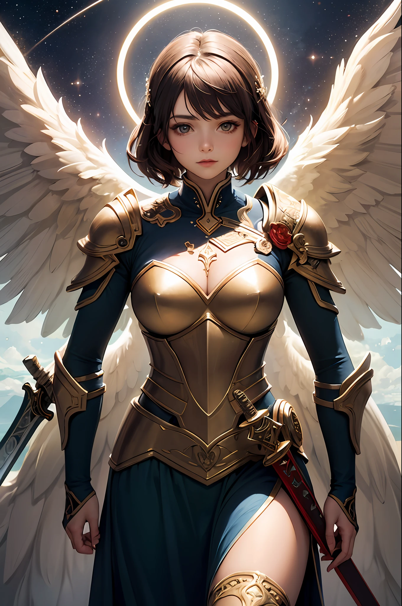 (masterpiece, best quality: 1.3), extremely high detailed, intricate, 8k, HDR, wallpaper, cinematic lighting, (universe), (holding sword: 1.3), bright, armor, bright eyes, cosmic angel, large wings,