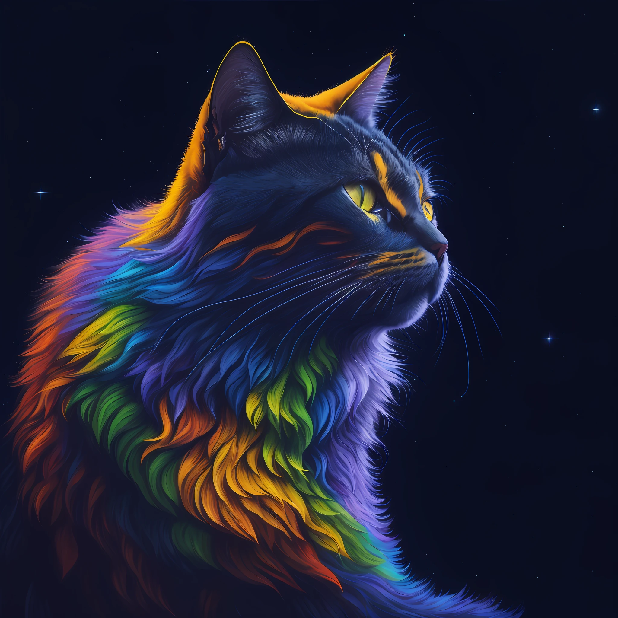 brightly colored cat sitting in front of a black background, jen bartel, prideful look, dark rainbow colored fur, cat. digital painting, rainbow fur, cat from the void, portrait of a lisa frank, a painting of a cat, beautiful neon cats, painting of a cat, painted in high resolution, beeple and jeremiah ketner, space cat