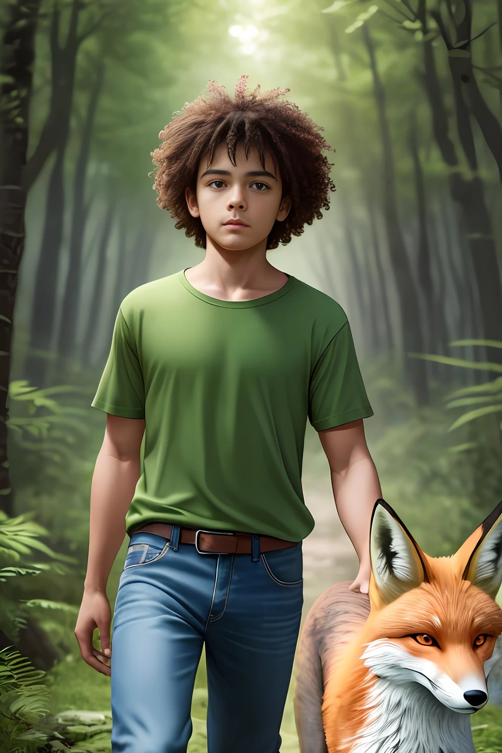 Messy curly-haired boy walking in a magical forest with a fox on the side, in green shirt and jeans well detailed 8k realistic --auto --s2