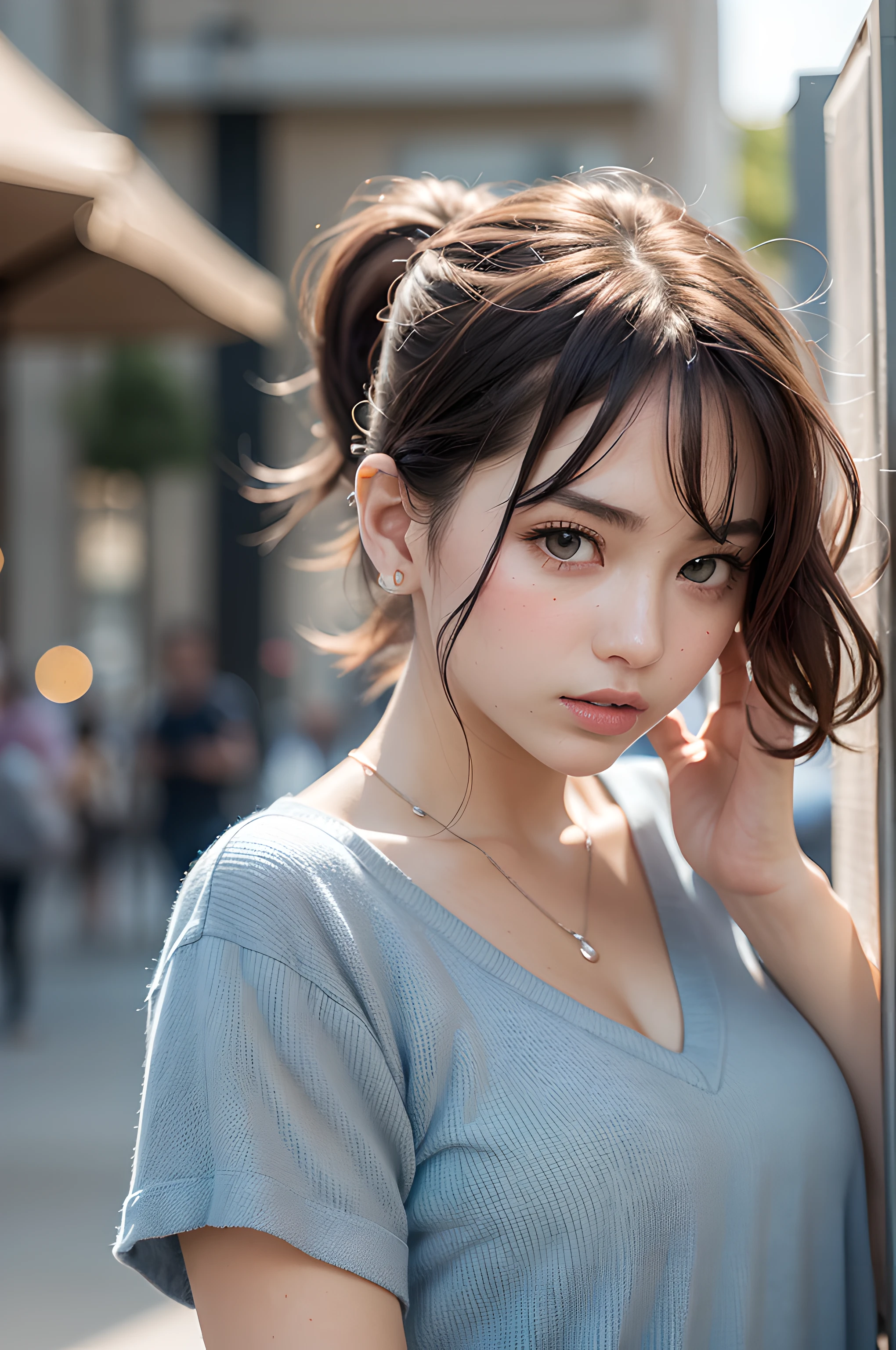 (masterpiece), (portrait), (aesthetic), (beautiful), (upper blody), (high quality), (aesthetic clothings), (professional angle), (rule of thirds), (Feminine), (woman), (female), (beautiful),(feminine features), (21 years), solo, 1 woman, (attractive -), Autumn, (Paint streaks all over the body ), (Evening), (Soft light), ((Blushing)), (Hand on Cheek Hands), ((Looking Down Face)), ((Embarrassed)), (Minimal Make-up), (Petite Bust), (-), ((Short Hair)), (Brown Hair), (Wavy Hair), (Ponytail hair), (- in Hair), (Partially Open Eyes), (Green Eyes), (Casual Look), Fair skin, (- Clothing), (T-Shirt), (Jeans), (- ), (V-neck Neckline), ((Urban Street background)), (Close-up Shot Shot), beautiful hands, two hands, normal hands, two arms, complete hands, beautiful body, beautiful fingers, normal fingers, five fingers, five fingers, beautiful ears, normal ears, beautiful eyes, shiny eyes, beautiful mouth, beautiful lips,