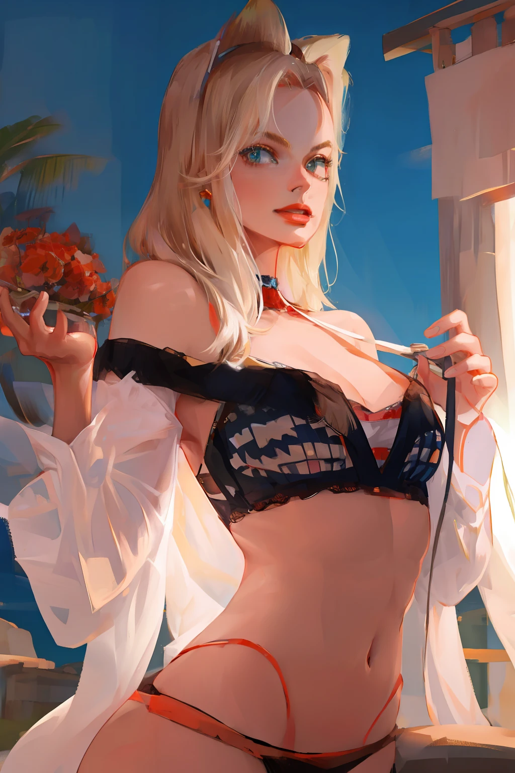 (8k, highest quality, best quality, masterpiece, highly detailed:1.2),
1girl, upper body, woman looks like (Margot Robbie), wearing boyfriend shirt and panty, (naked shirt, shirt tug), shy, half smile, midday, from below