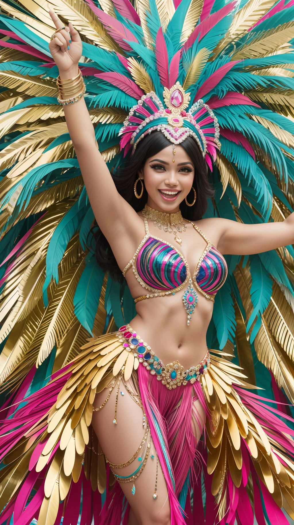 A vibrant and lively city, Rio de Janeiro flaunts a colorful and flamboyant outfit that captures the spirit of carnival. Imagine a person adorned in a vibrant samba costume, with feathers, sequins, and vibrant hues like turquoise, pink, and gold. Rio strikes a pose with arms raised in celebration, against the backdrop of the iconic Christ the Redeemer statue and the sparkling beaches. It embodies joy, dance, and the rhythmic beat of samba music