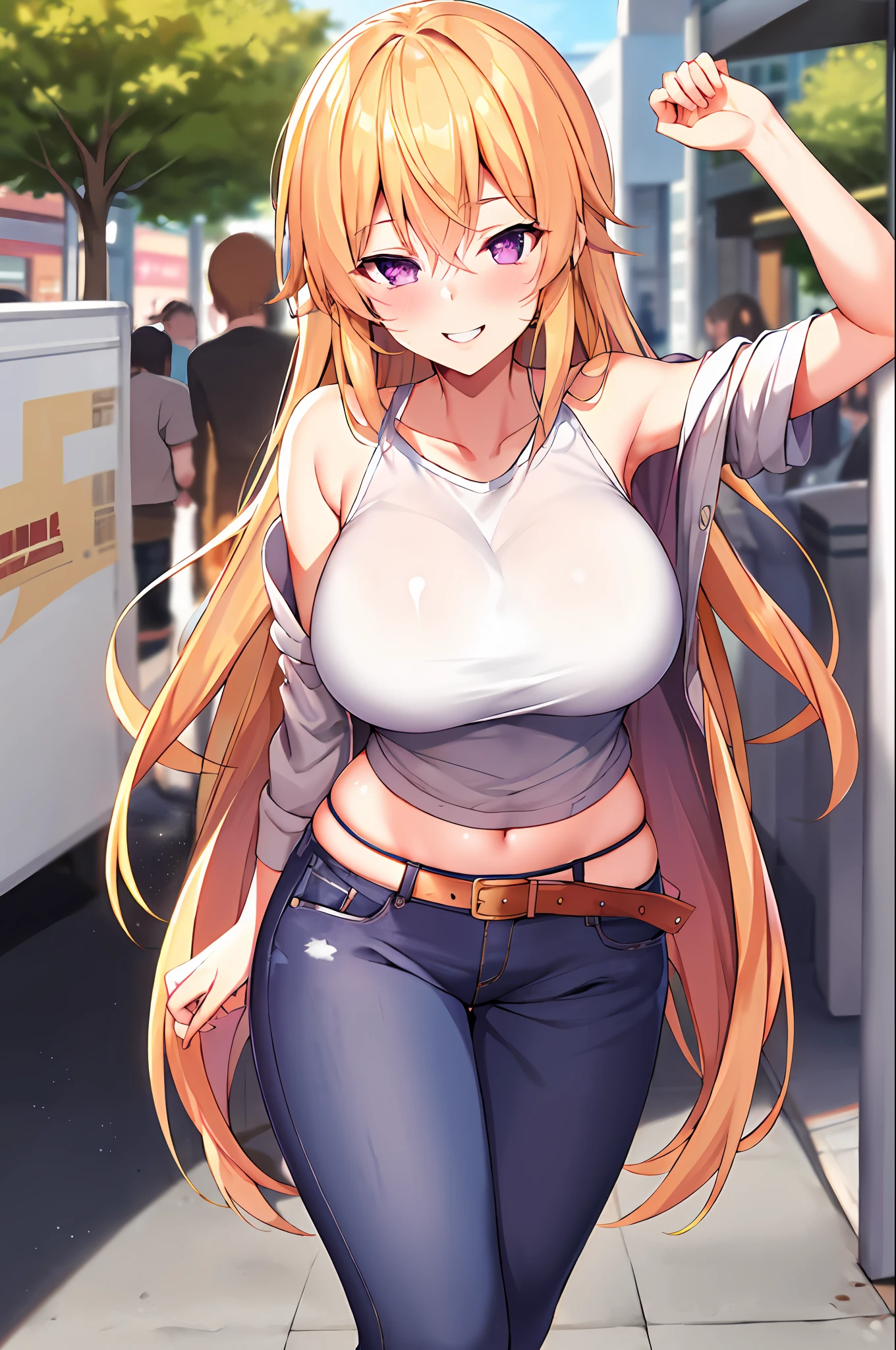 masterpiece, best quality, highres, nakiri erina, blonde hair, purple eyes, long hair, large breasts, oversized cool t shirt, stocking, cleveage, belt, short jeans pants, owboy shot, standing, looking at viewer, city road, outdoor, modern city road, blush, shy, smile, show teeth, sexy pose, short pants, jacket, bare shoulder,