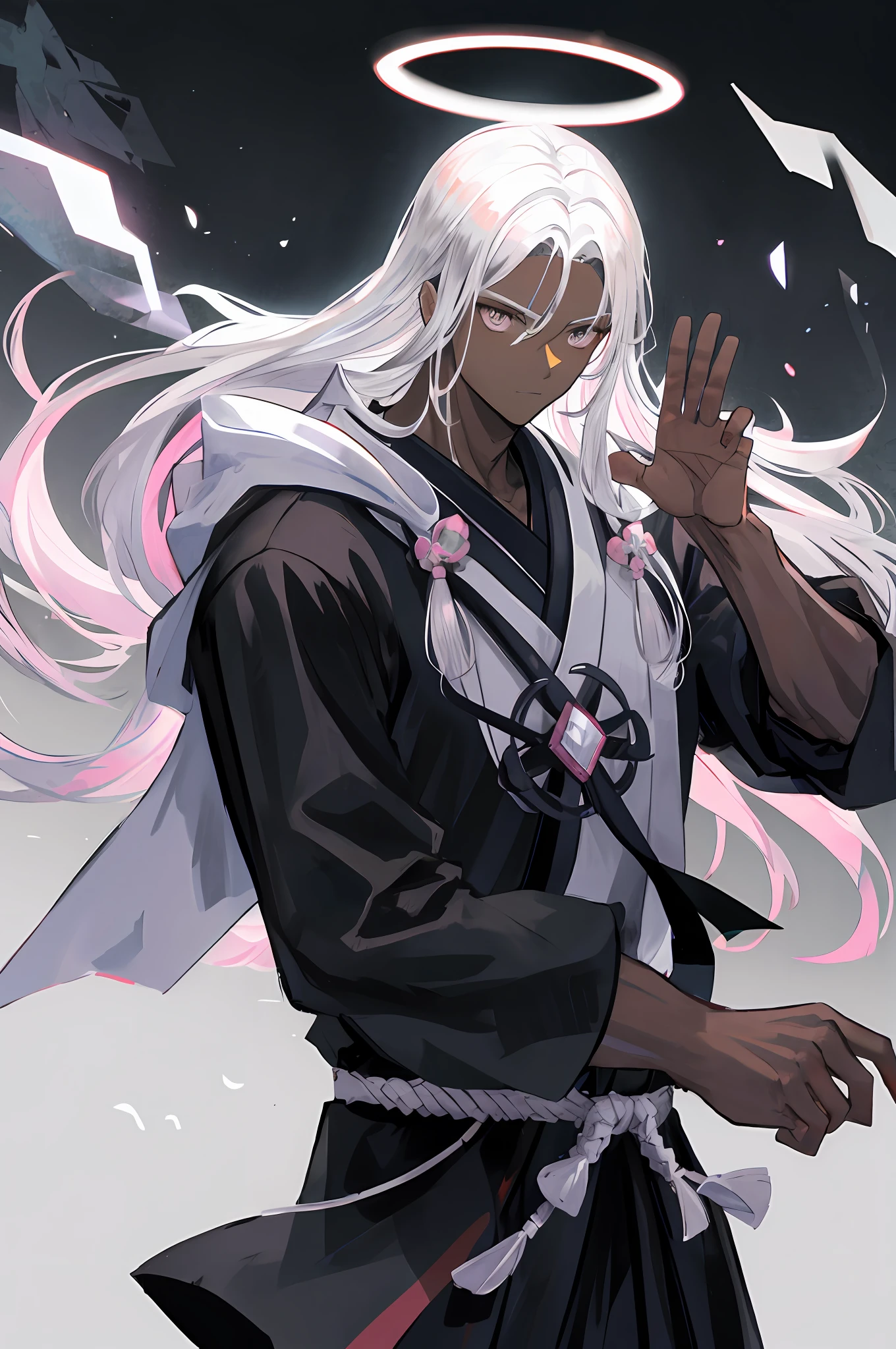Man, monk fighter, dark skin, silver eyes, silver hair, black clothing, light pink halo, muscular