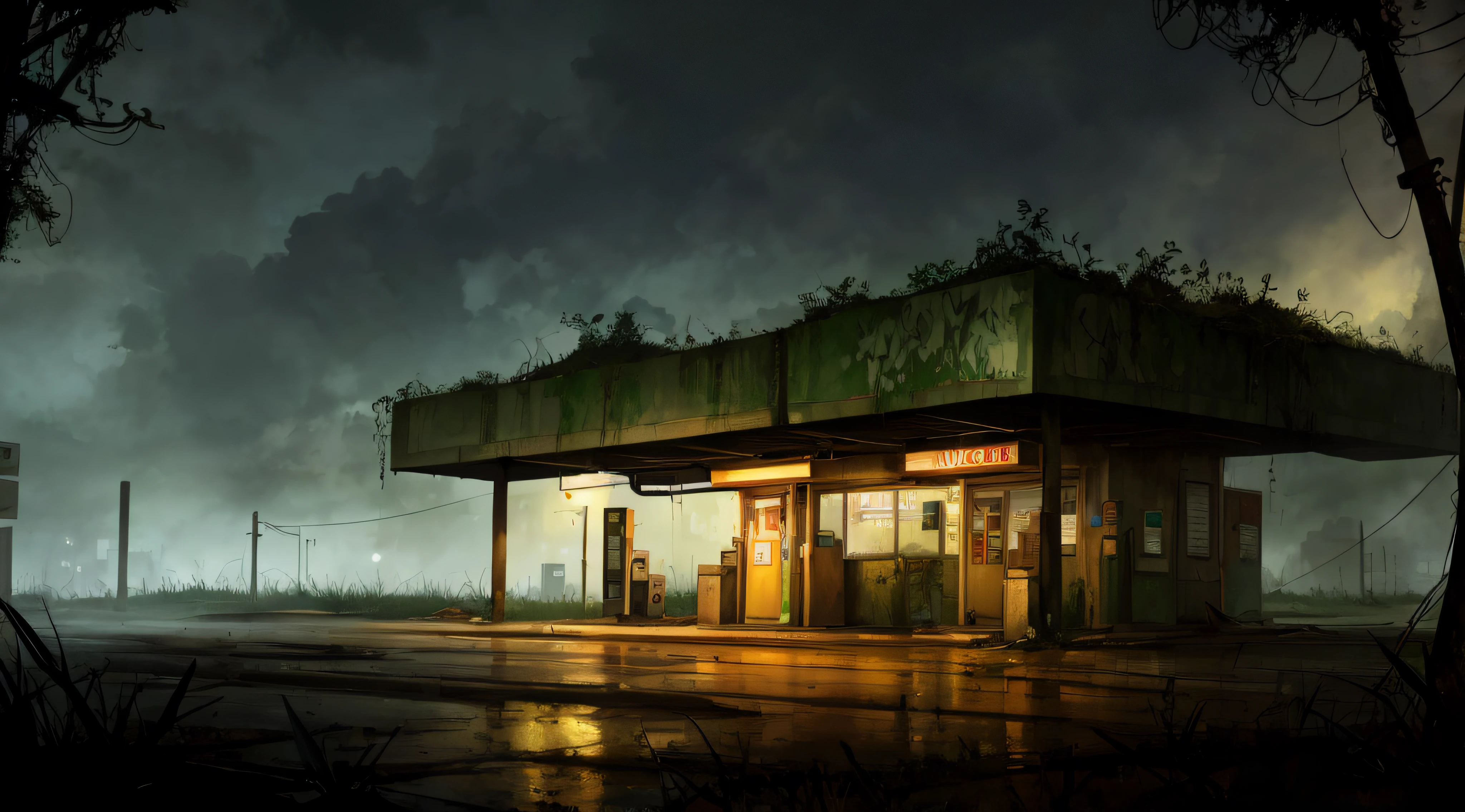 best quality, masterpiece, cinematic, horror, sinister, abandoned gas station, overgrown, vegetation, damp, damp, night, dark, volumetric fog, ((cargo truck stopped)), (dark night)