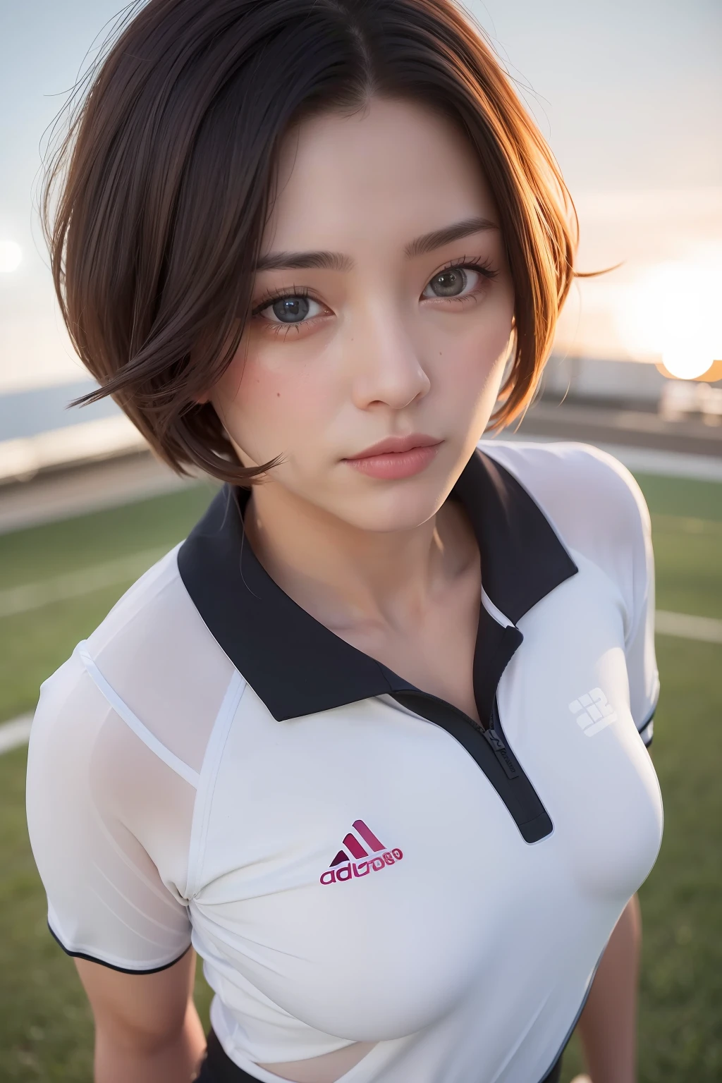 (8K, 4K, Best Quality, HighRes, Ultra High Res:1.1), (Masterpiece, Realistic, Photo-realistic:1.1), 1Girl,(Face Near Camera), Single, White Polo Shirt, White Sneakers, Tennis Suit, White Miniskirt, Masterpiece, Best Quality, Real, Highly Detailed, (Glossy Skin, Sweat: 1.4), Ridiculous, Look at Viewers, Short Black Hair, Brown Eyes, Slender, Dynamic Light, High Resolution, Sharp Focus, Depth of Field, Detail Eyes, Sharp Pupils, Realistic Pupils, Outdoor, Sky
,