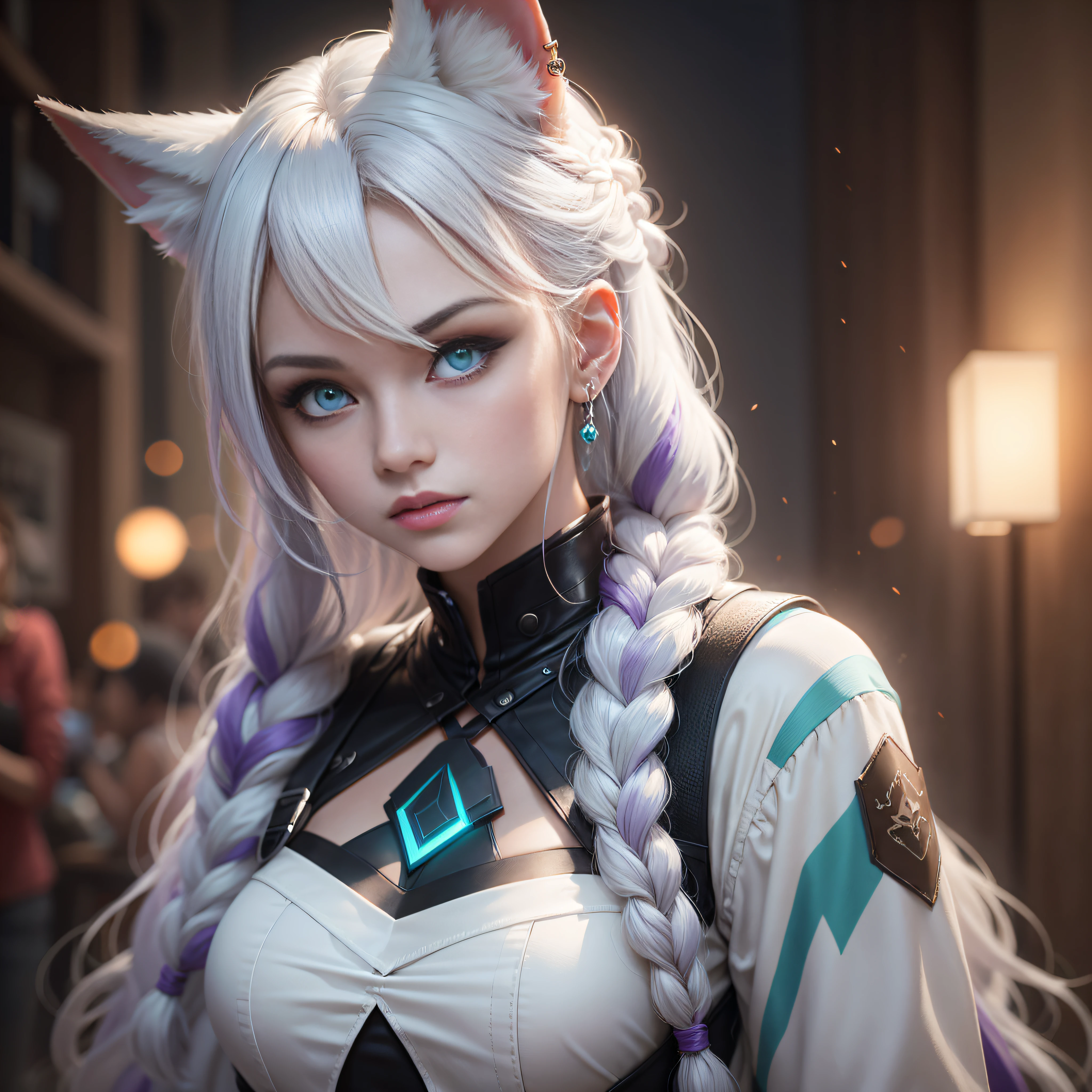 beautiful woman, gradient hair, long braid, french braid, white hair, purple hair, jewelry, aqua eyes, glowing eyes, fox ears, closed mouth, naughty, depth of field, cinematic lighting, ray tracing, anatomically correct, award winning, best quality, high quality, super detail, masterpiece, 4K