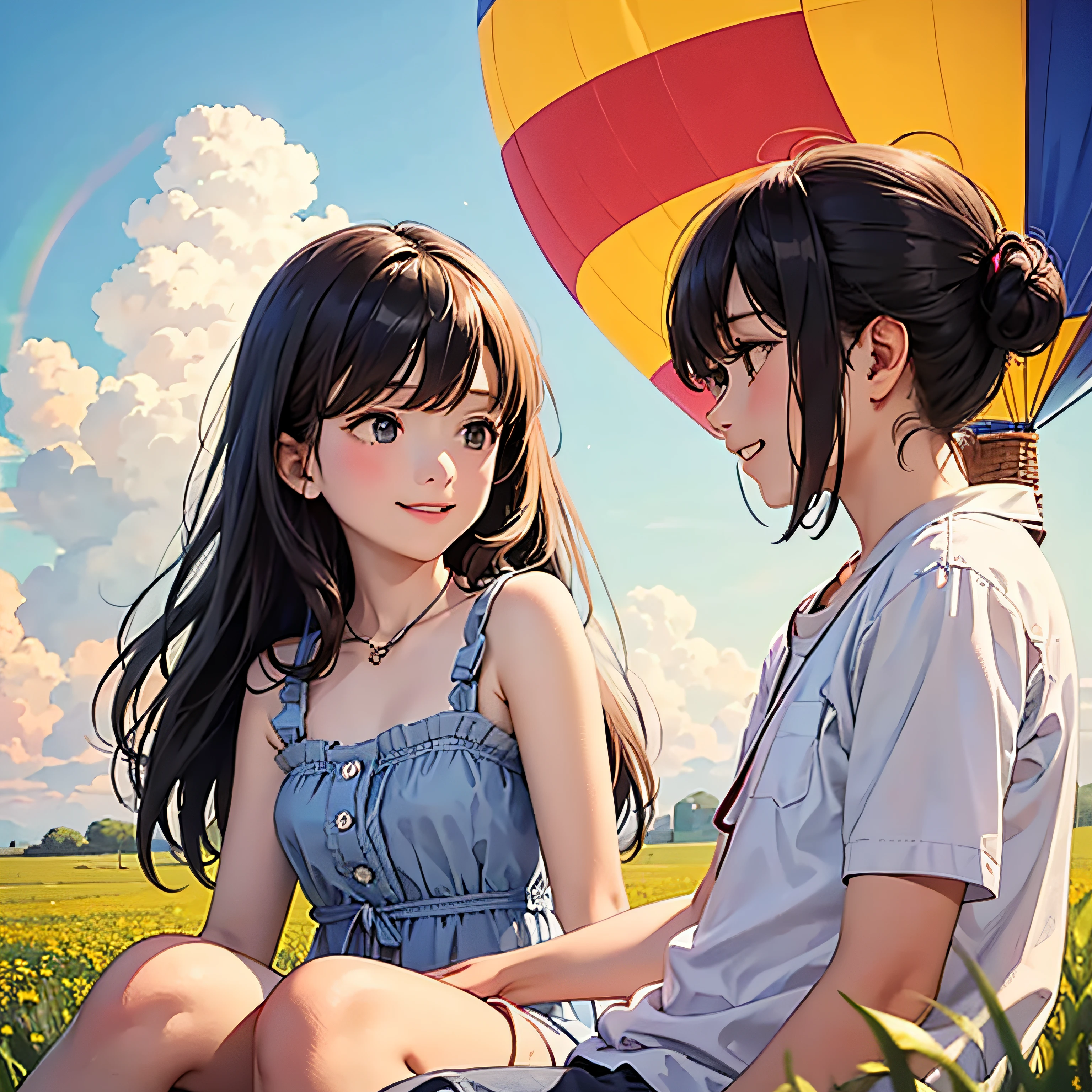 (Masterpiece, best quality) Two sitting in a hot air balloon flying in the sky, smiling, fine facial features, sun, clean blue sky and white clouds, rainbow, meadow, summer -V6 --auto