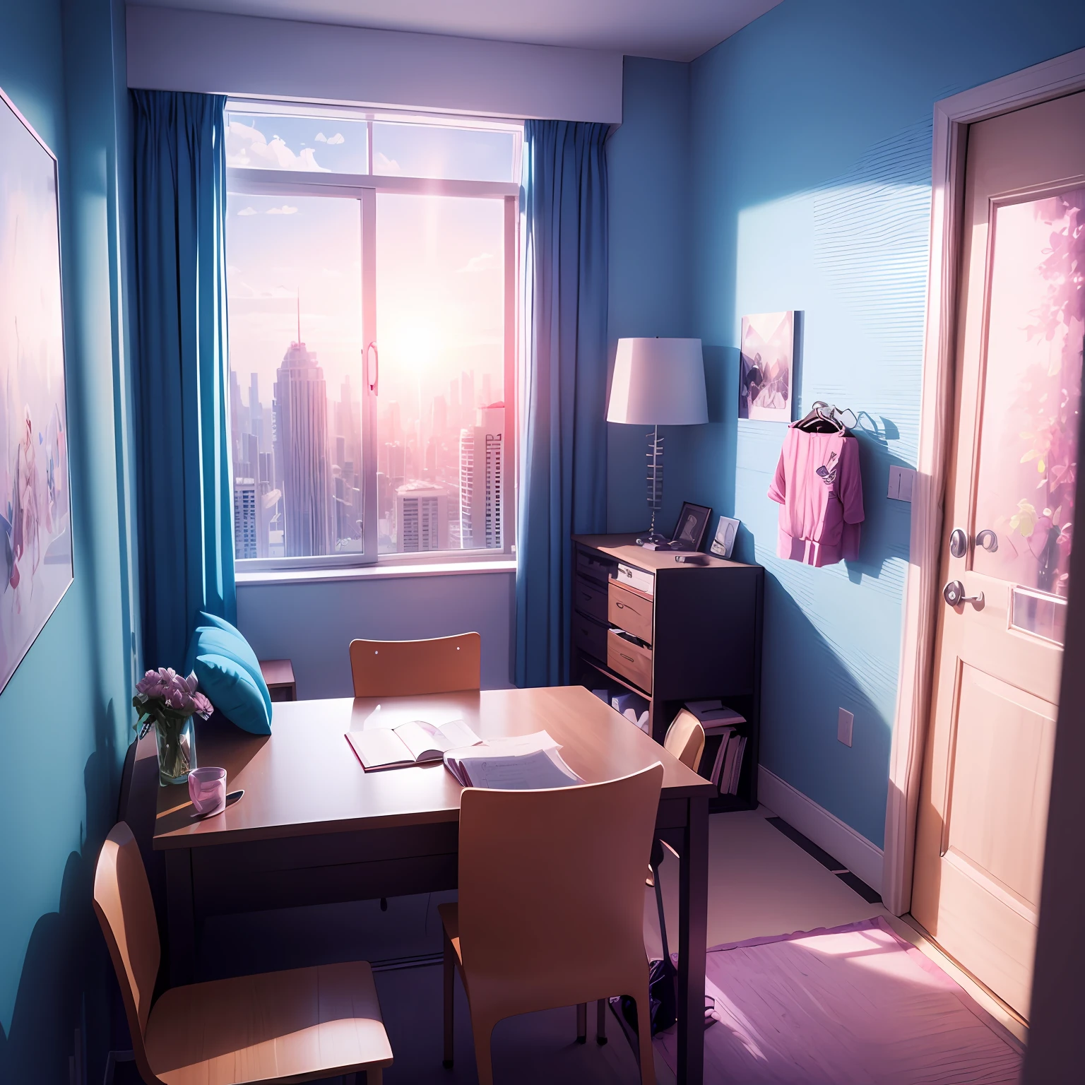 Room design inspired by anime, vaporwave and with a sunlit window vaporwave. anime style. 2D drawing. --auto