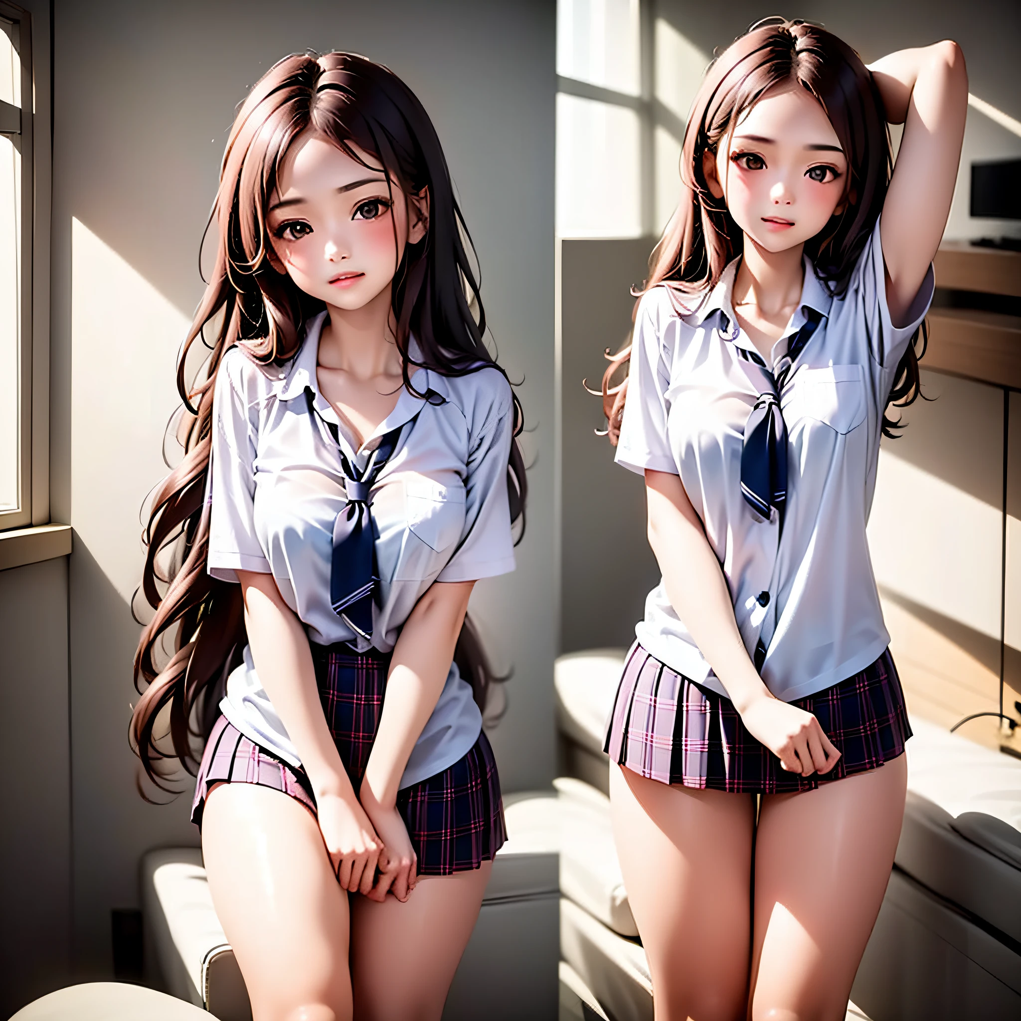 Beautiful girl with summer school uniform, very beautiful face, perfect and sexy body, long hair with cabalo tail