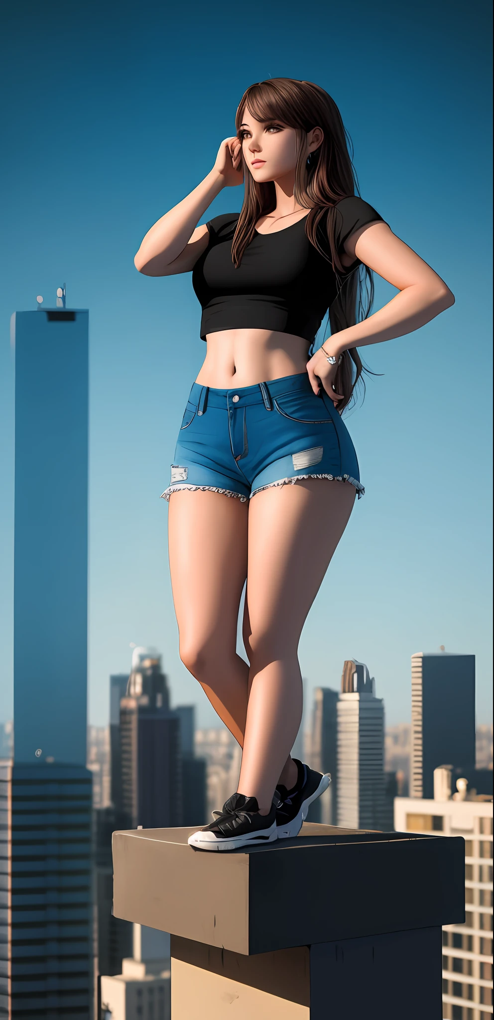 Brooke Monk in a black top and blue shorts standing on a ledge, highly detailed giantess shot, extremely detailed giantess shot, giantess shot, giantess, perched on a skyscraper, standing on a skyscraper rooftop, giantess art, hot fire giantess, standing on a rooftop, macro giantess, standing on rooftop, (masterpiece) (best quality) (detailed) (8k) (HDR) (wallpaper) (cinematic lighting) (sharp focus) (intricate)