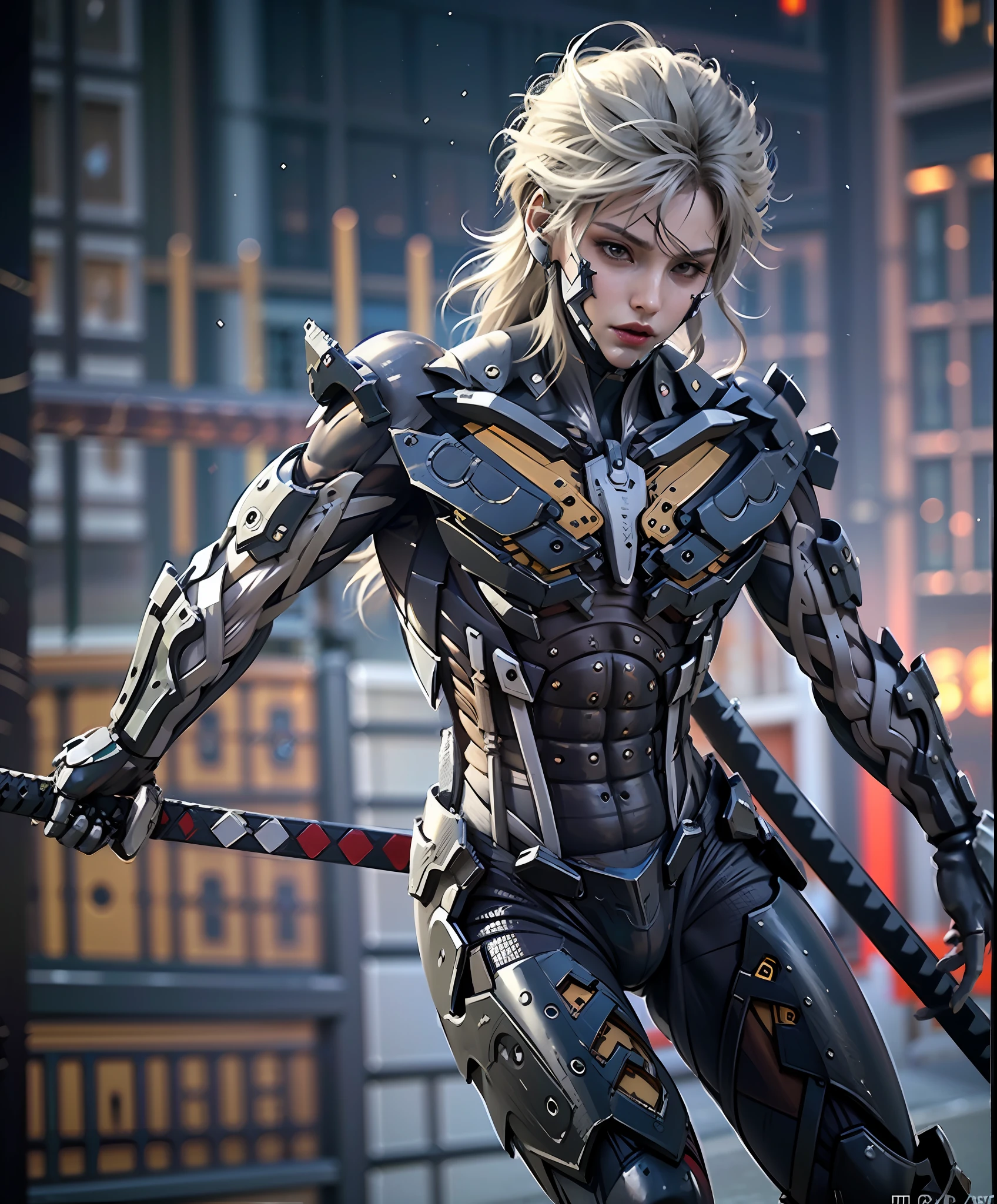 masterpiece, highest quality, photorealistic, scenery, stunning, photo (full body:0.7), of european woman running, motion blur, shiny, (raiden:1.1), (dynamic pose:1.3), (scifi, futuristic, hi-tech:1.1), cyberpunk, spike on shoulder and arms, (night:1.2), wearing high tech half face-viser, (bullets), fire sparkling, red long hair, red inferno colour,black accent, holographic screens, high detailed RAW, 8k UHD, looking to the side, focused expression anittech, holding katana, posting sword drawing action