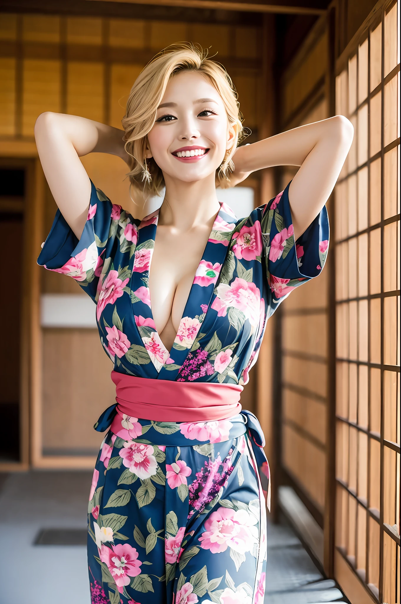 (Best Quality, 8k, 32k, Masterpiece, UHD: 1.2), 1 Girl, Beautiful Japan Woman, Slender Waist, Beautiful Woman with Perfect Style: 1.4, Big: 1.3, Fine Face, Smile, Ryokan, Short Yukata, Chest, Blonde, Lying, arms up