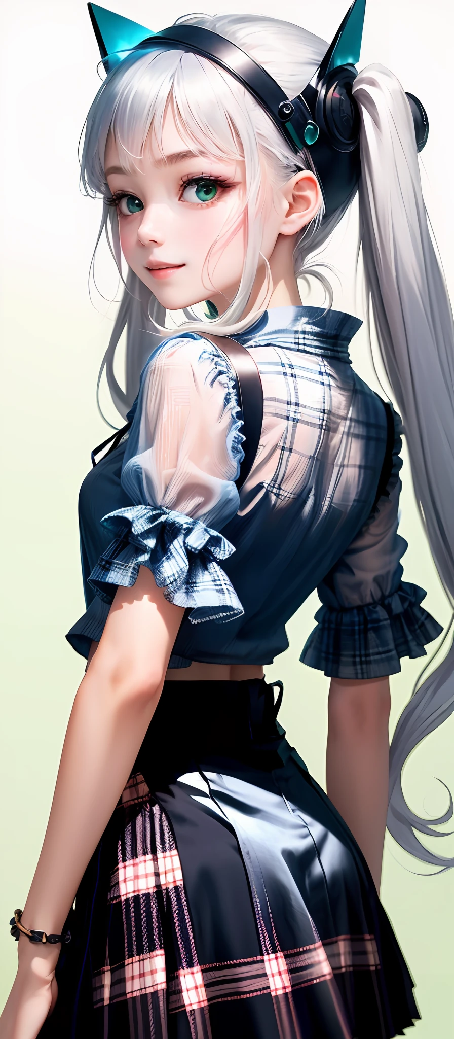 Twin tails, happy face, square neck, 1girl, (masterpiece:1.1), (white 
see-through-blouse:1.1) (best quality:1.1), (plaid skirt:1.1), high-waisted long skirt, BREAK [blue:pink:0.5] theme, (gradient background: 1.1 ), cowboy shot, break silver hair, long hair,, green eyes, delicate headgear