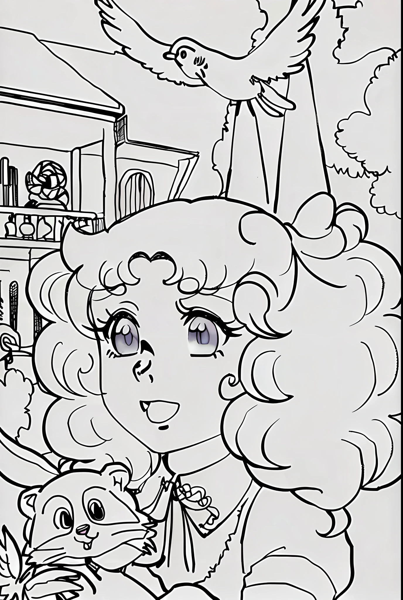 A blonde girl, 12 years old, fair skinned, blue eyes, Candy Candy style of with a cat and a bird flying over her head, anime art style, (colorful), colorful manga and anime by Kyoko Mizuki and drawn by Yumiko Igarashi.