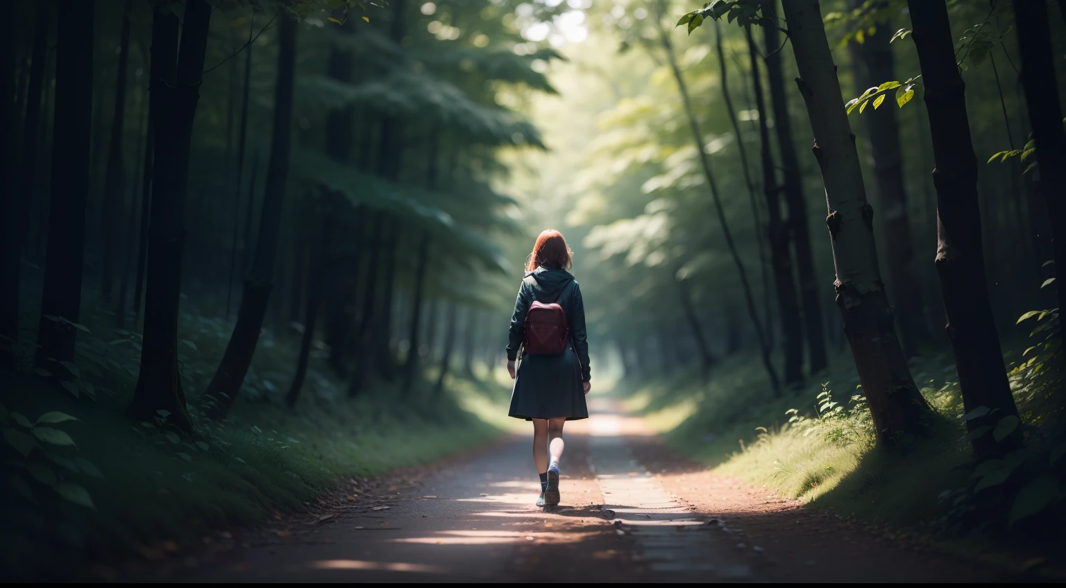 Sophie, walked through the forest, cinematic colors, vignette, discreet, bright, dark depth of field