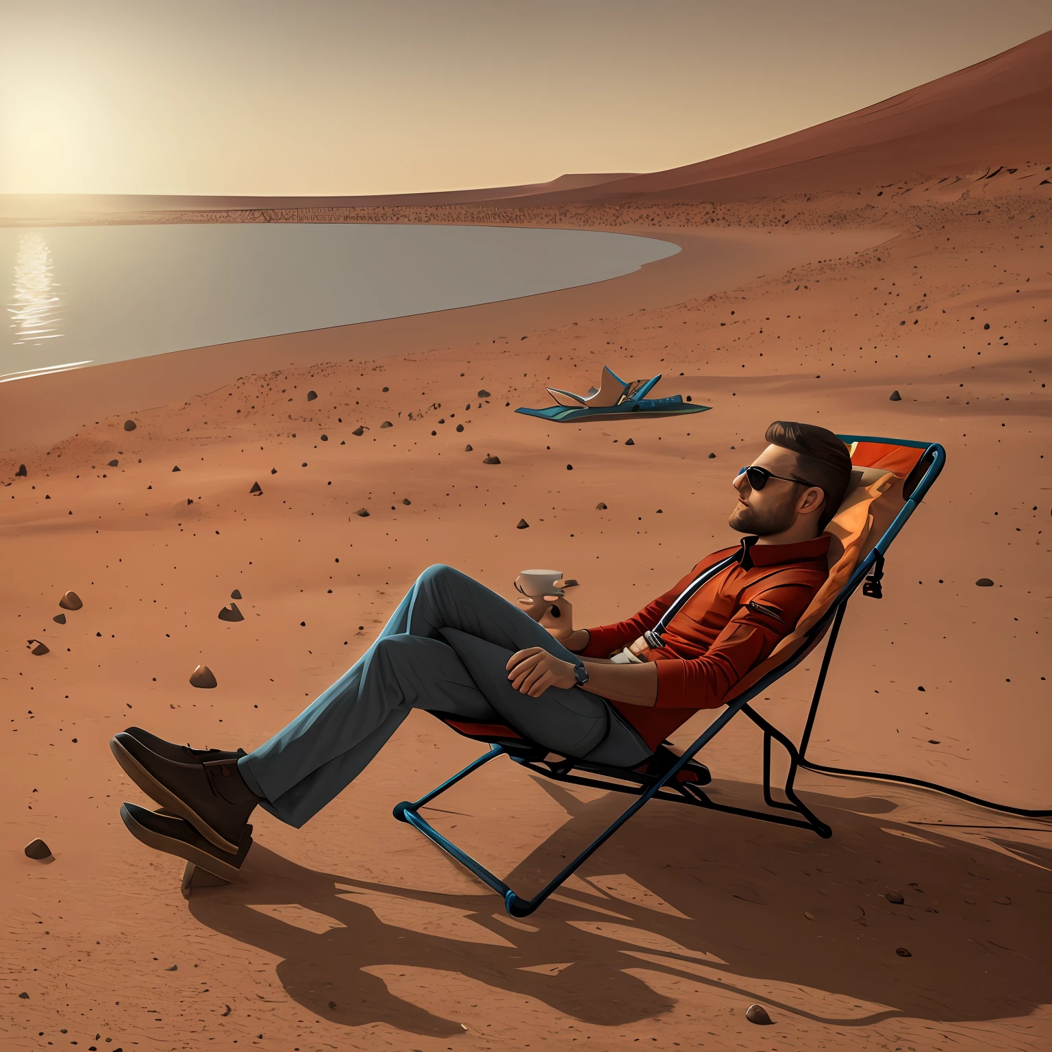 a man resting on mars in a beach chair, vibrant lighting, elegant, highly detailed, smooth, sharp focus, illustration, beautiful, geometric, trending on artstation, full body, cinematic, artwork by borovikovsky --auto