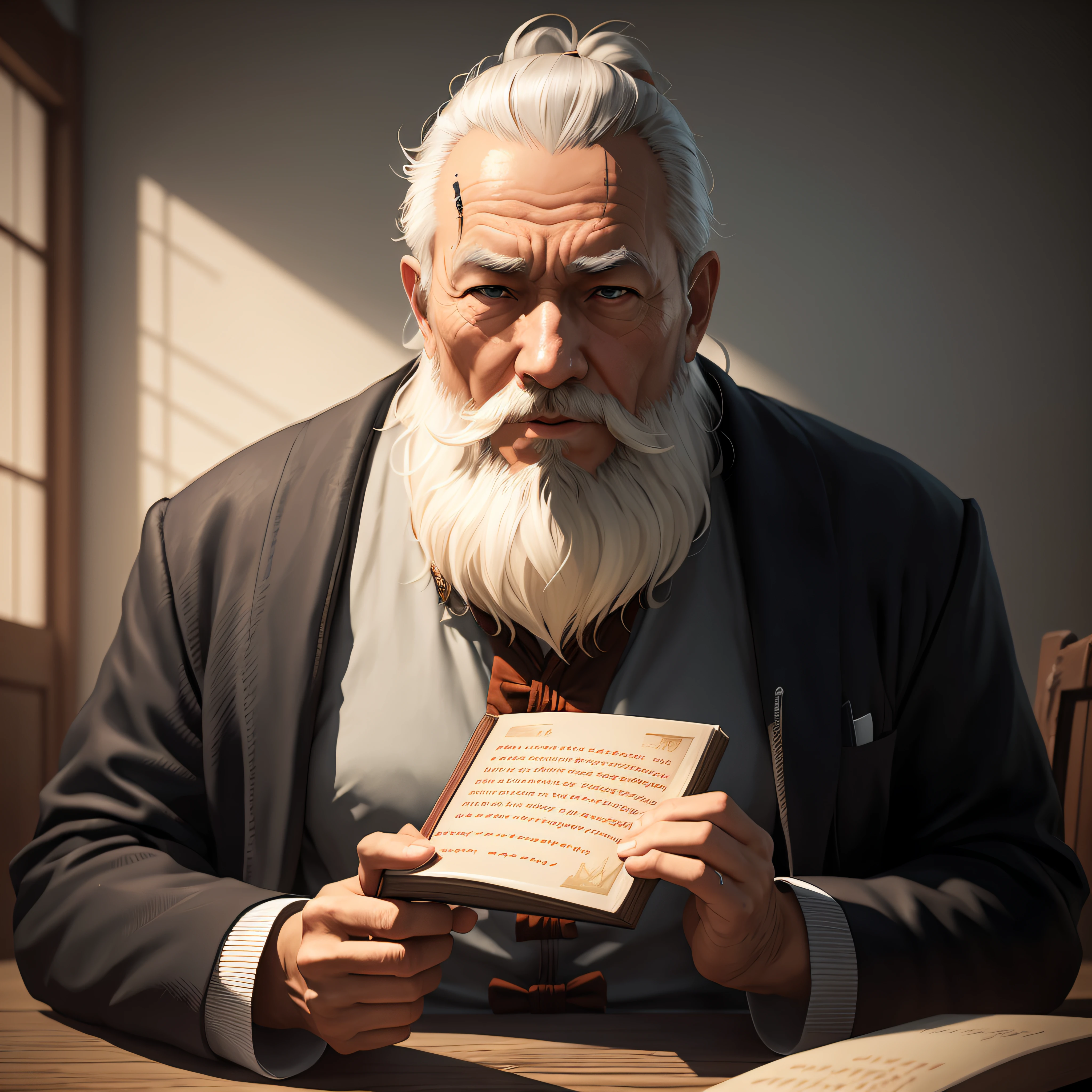 there is a man with a long beard reading a book, 3d render senior artist, akihiko yoshida. unreal engine, rendered in unreal engine 5, 8k portrait render, alexey egorov, by Fei Danxu, highly detailed vfx portrait, small character. unreal engine 5, ross tran and michael whelan, ross tran and wlop