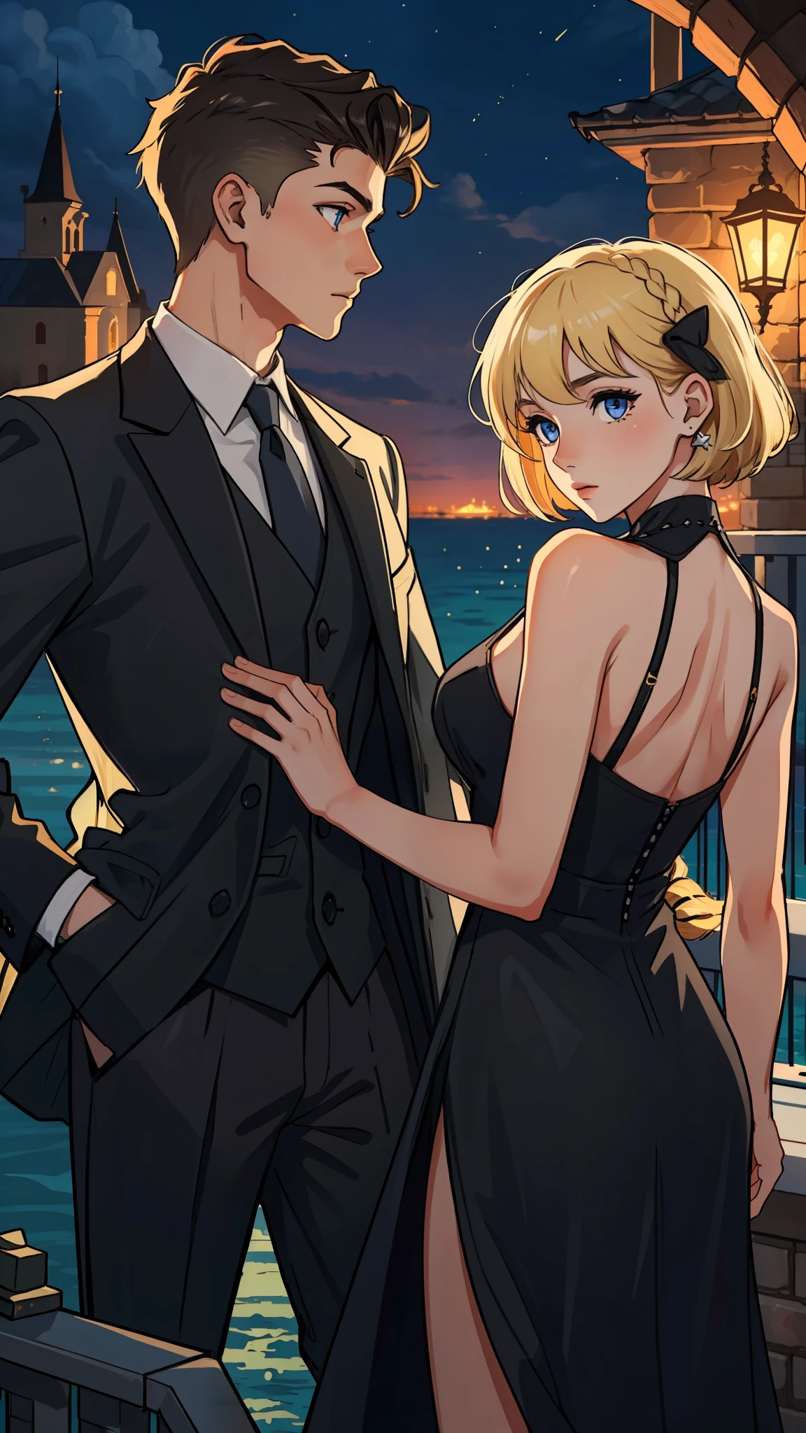 (masterpiece, best quality), intricate details, 8k, artstation, wallpaper, official art, splash art, sharp focus,
1boy and 1girl, the brunette boy and the blonde girl. semi-full body, the boy with a black formal suit, short hair above the ear half shaved on the sides, brown skin, purple eyes, black/black hair, short hair without bangs, the girl in a long black dress with an opening in the leg and a long syrup, hair above the shoulder entirely blond, blue eyes, pale skin, balcony of an ancient castle in the background on a balcony with the sea in the background at night,  the night