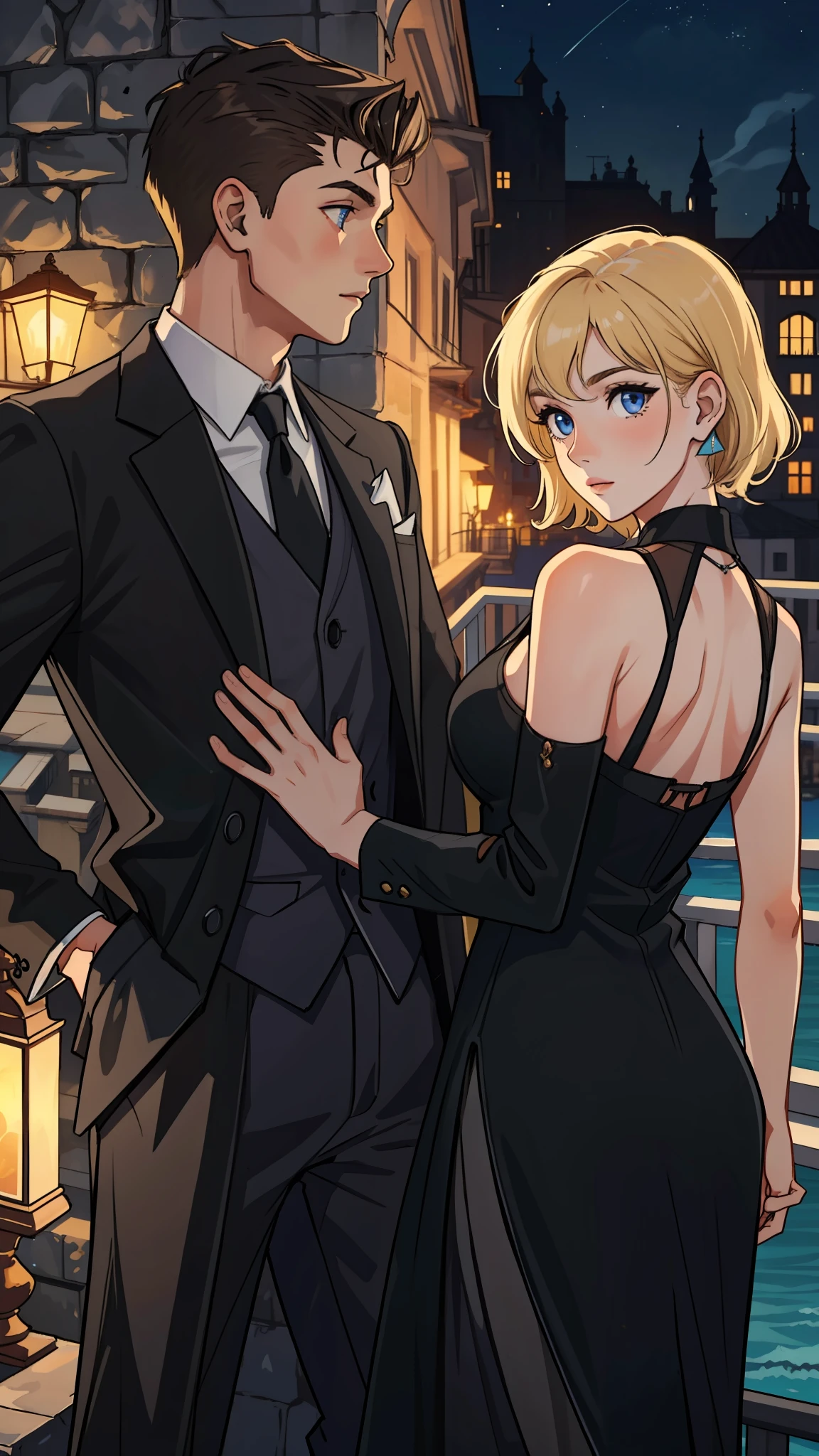 (masterpiece, best quality), intricate details, 8k, artstation, wallpaper, official art, splash art, sharp focus,
1boy and 1girl, the brunette boy and the blonde girl. semi-full body, the boy with a black formal suit, short hair above the ear half shaved on the sides, brown skin, purple eyes, black/black hair, short hair without bangs, the girl in a long black dress with an opening in the leg and a long syrup, hair above the shoulder entirely blond, blue eyes, pale skin, balcony of an ancient castle in the background on a balcony with the sea in the background at night,  the night