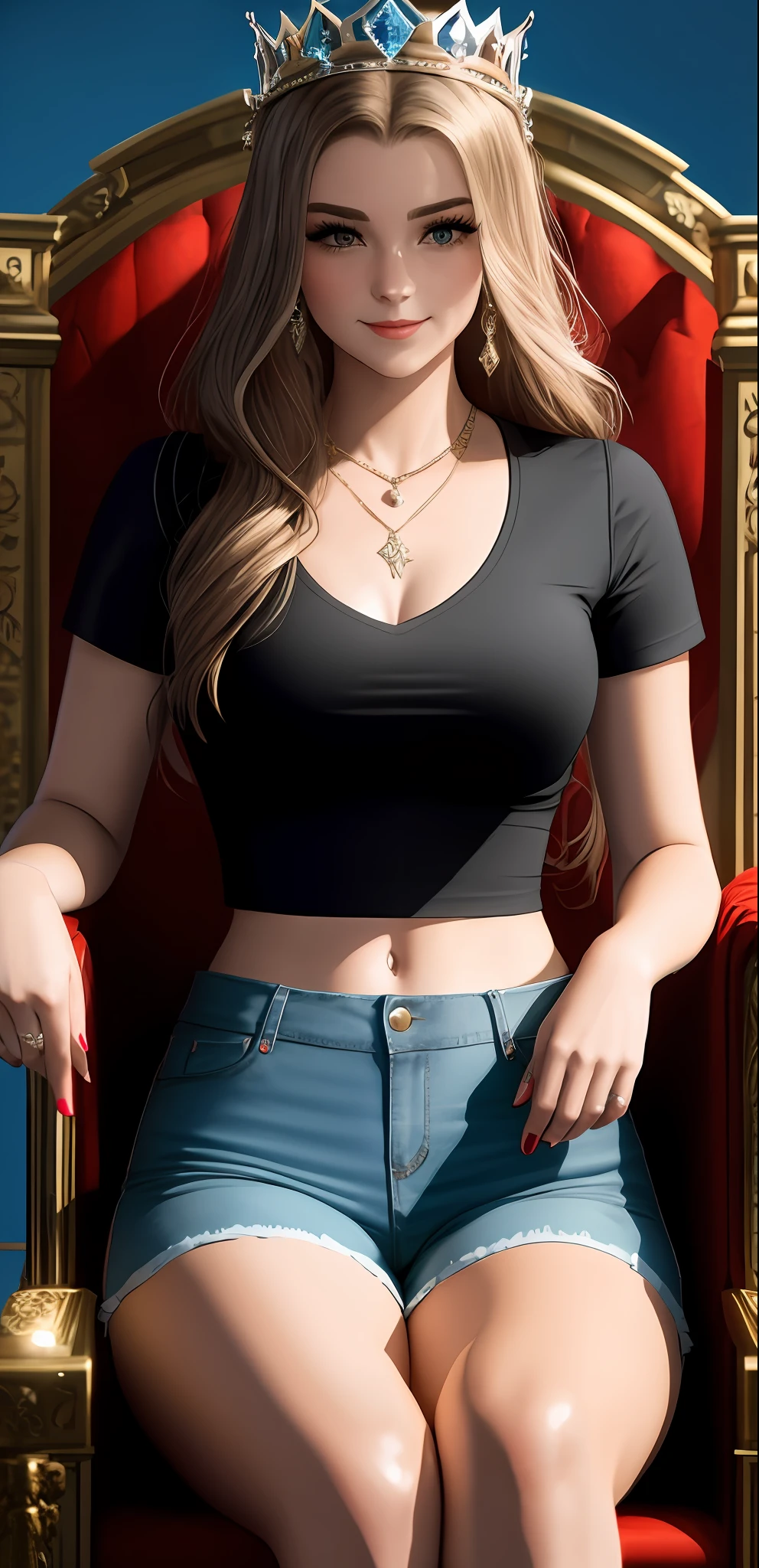 Brooke Monk in a black top and blue shorts, sitting on a throne, throne room, wearing a crown, smirking, (masterpiece) (best quality) (detailed) (8k) (HDR) (wallpaper) (cinematic lighting) (sharp focus) (intricate)