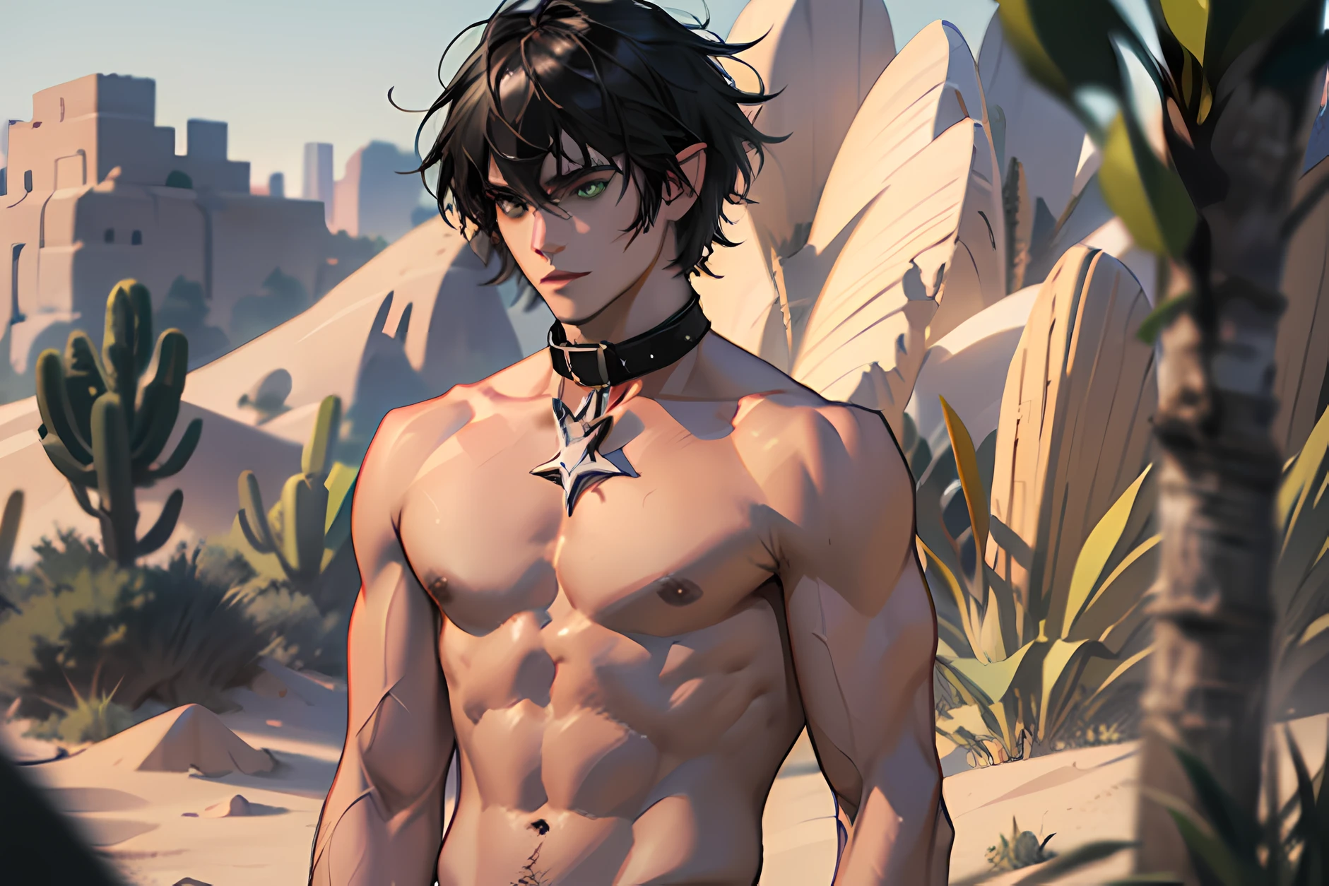 (absurdres, highres, ultra detailed), 1 male, (28 years old male) (short pointed ears1.1) adult, handsome, tall slender guy, narrow eyes, narrow shoulders, finely detailed eyes and detailed face, messy shaggy black hair, shaggy hair, side bangs, bangs, green eyes, sexy, shirtless, bare chest, final fantasy , slave collar, full body shot, defiant pose expression, cinematic, desert bokeh, background blur