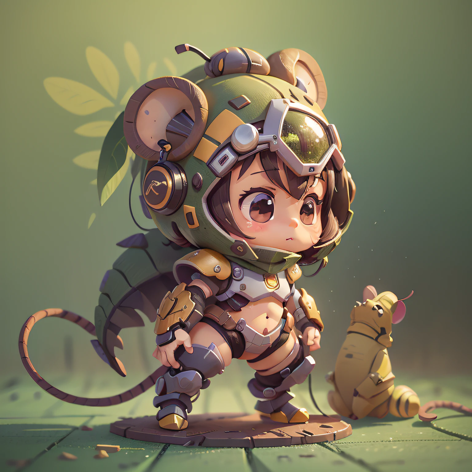 chibi, mouse, cute, bee tech armor, female, bigbadejo, full body, masterpiece, 3D Rendering, Best Quality, Lots of Detail, (plain background), vinyl toy figurine, (perfect hands), (5 fingers on each hand)