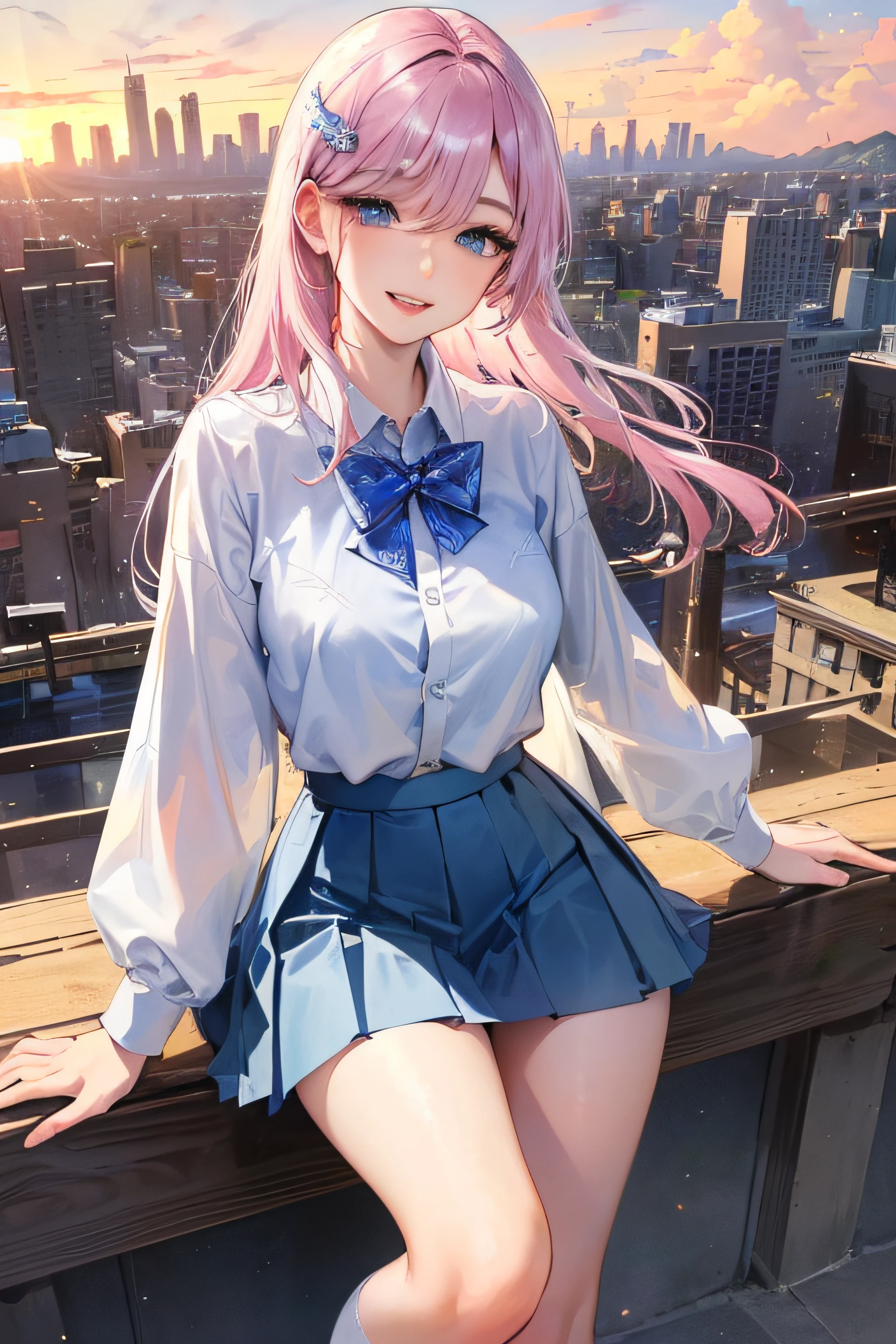 official art, masterpiece, sharp focus, (beautiful gorgeous cute Korean woman:1.3), (beautiful cute korean:1.3), korean beauty, Delicate and beautiful hair and eyes and face, realistic, ultra detailed, beautiful girl, blue sky, glow white particle, (sidelighting:1.2), sun light, white cloud, detailed clouds, slender, Lovely very large breasts and very large hips, smile with teeth, ((smile with eyes, open both eyes)), scenery, long straight hair, sexy facial expression, building, (cityscape:1.7), dynamic hair, long straight hair, detailed platinum pink hair, glow blue eyes, (blue pleated shirts + white skirt), white long socks, pale skin, hair ornament, epic scenery,