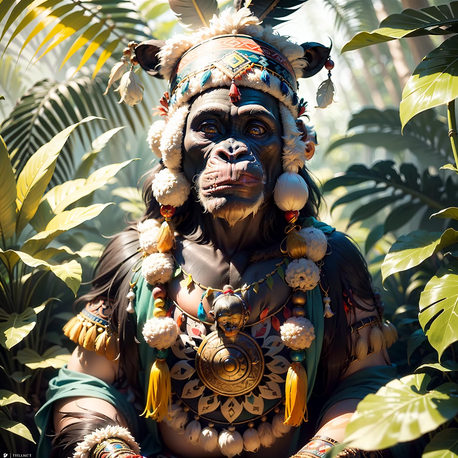 Chimpanzee Head ((Shaman)),,((meditative state),,Shaman, elegant chimpanzee, hair with details, with Indian headdress on head, ((meditating)) many colorful feathers, colorful feathers, facing the camera, detail: dense tropical foliage, highly detailed intricate, ((masterpiece)), ultra hyperrealistic, masterpiece