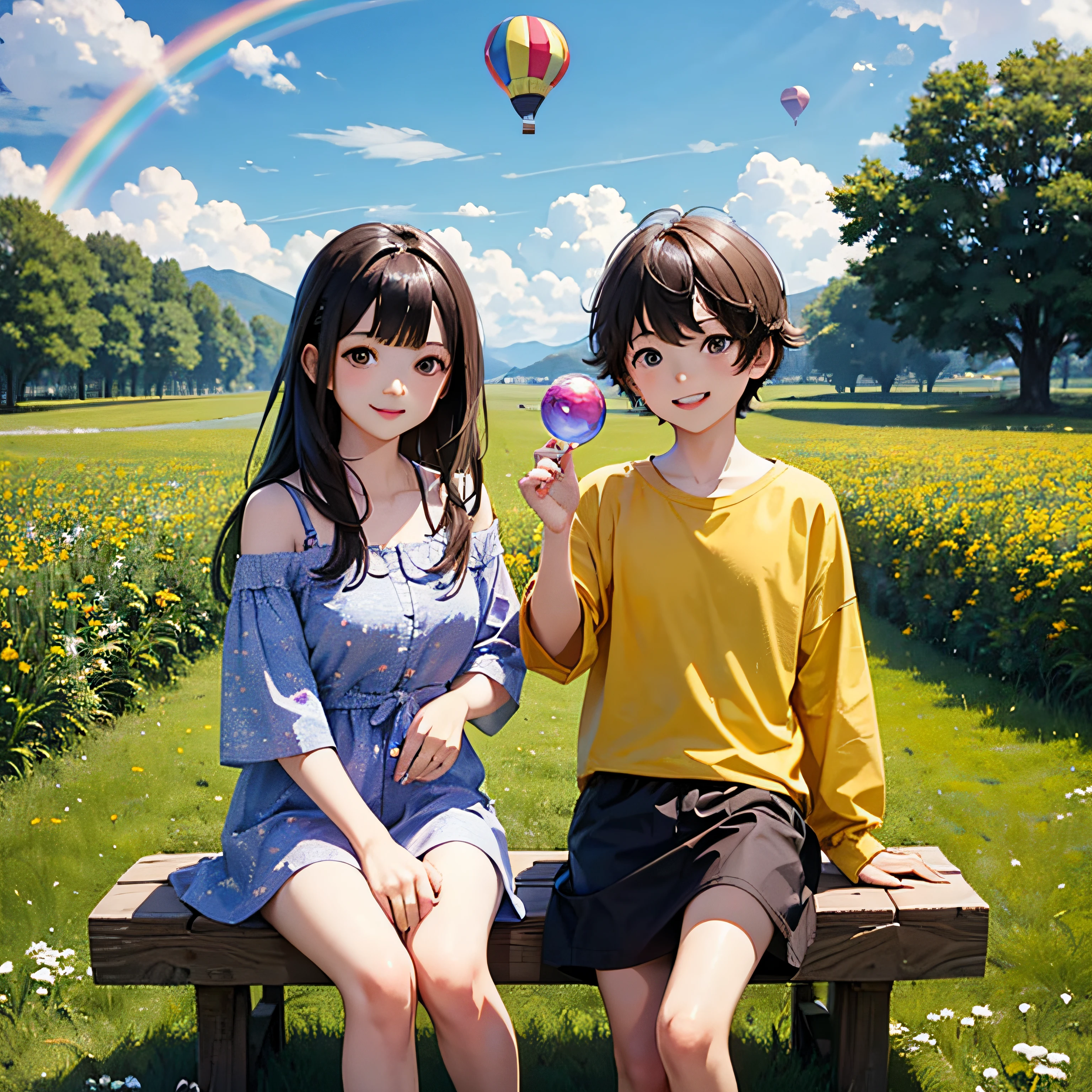 (Masterpiece, best quality) Two sitting in a hot air balloon flying in the sky, smiling, thin facial features, sun, clear blue sky and white clouds, rainbow, meadow, summer, soap bubbles -V6 --auto