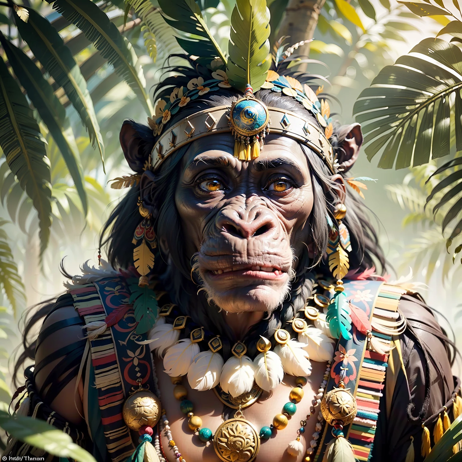 Chimpanzee Head ((Shaman)),,((meditative state),,Shaman, elegant chimpanzee, hair with details, with Indian headdress on head, ((meditating)) many colorful feathers, colorful feathers, facing the camera, detail: dense tropical foliage, highly detailed intricate, ((masterpiece)), ultra hyperrealistic, masterpiece